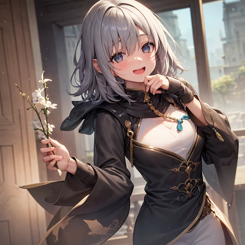 super high quality, with a girl, 20-year-old, very short hair, long bangs between the eyes, gray eyes , very detailed,(masterpiece、highest quality)、alone、gray hair、laughter、fantasy, silver hair, black eye, beautiful eyes, ecstasy, charm, be smitten with audience, fantasyな風景、evening