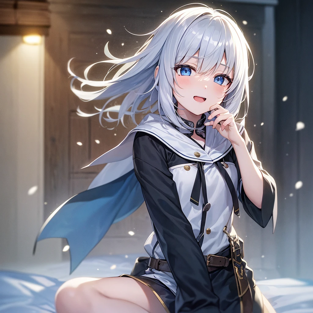 super high quality, with a girl, 20-year-old, very short hair, long bangs between the eyes, pale blue eyes , very detailed,(masterpiece、highest quality)、alone、gray hair、laughter、White skin as clear as snow、fantasy, silver hair, black eye, beautiful eyes,, ecstasy, charm, be smitten with audience, fantasyな風景、evening