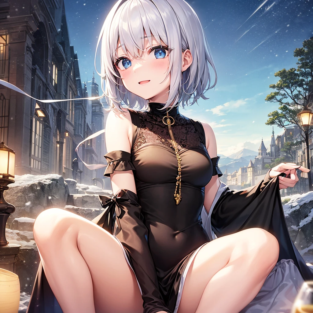 super high quality, with a girl, 20-year-old, very short hair, long bangs between the eyes, pale blue eyes , very detailed,(masterpiece、highest quality)、alone、gray hair、laughter、White skin as clear as snow、fantasy, silver hair, black eye, beautiful eyes,, ecstasy, charm, be smitten with audience, fantasyな風景、evening