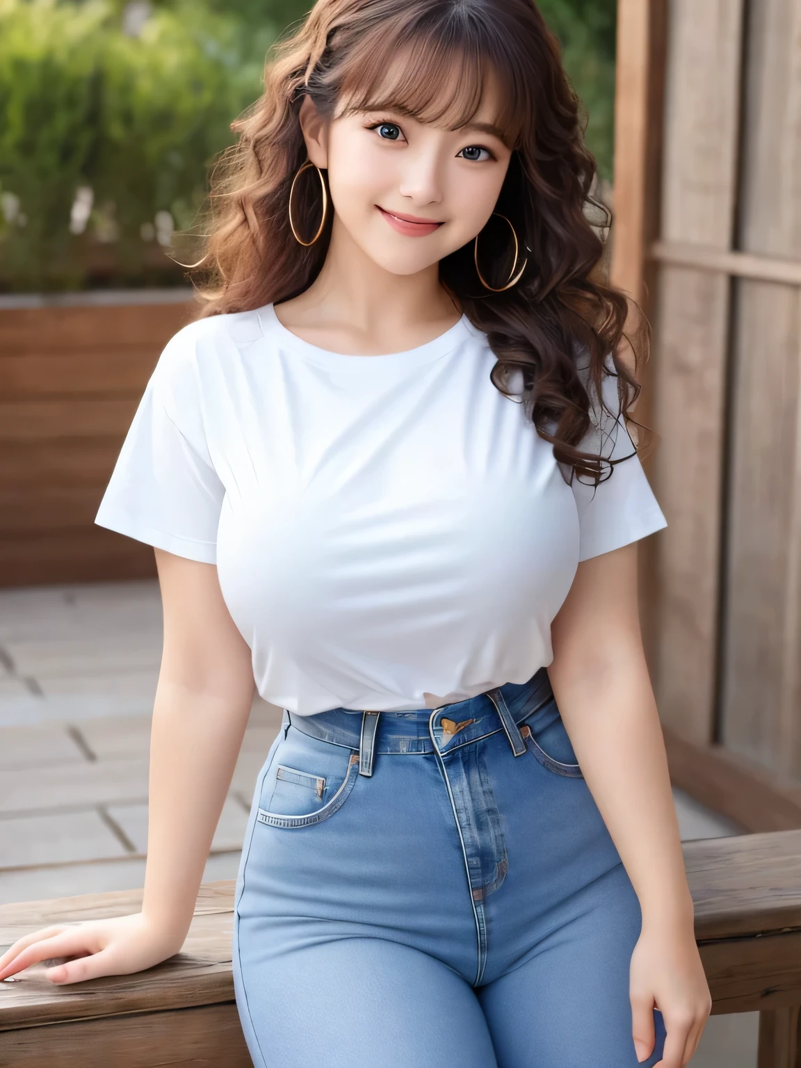 8K, highest quality, real image, intricate details, Super detailed, ultra high resolution, depth field,(realistic,realistic:1.2), 1 girl, eye_Chan, very beautiful 17 year old girl, 大きなeye,、beautiful breasts:1.5、非常に詳細なeye:1.2)、(beautiful breasts:1.1)、wavy hair、curly hair、bangs, perfect skin, Fair skin, tight waist, small breasts、light blush, alone、 looking at the viewer, laughter, (huge hips, thick thighs, thick legs), (White Round Neck T-Shirt, blue jeans)