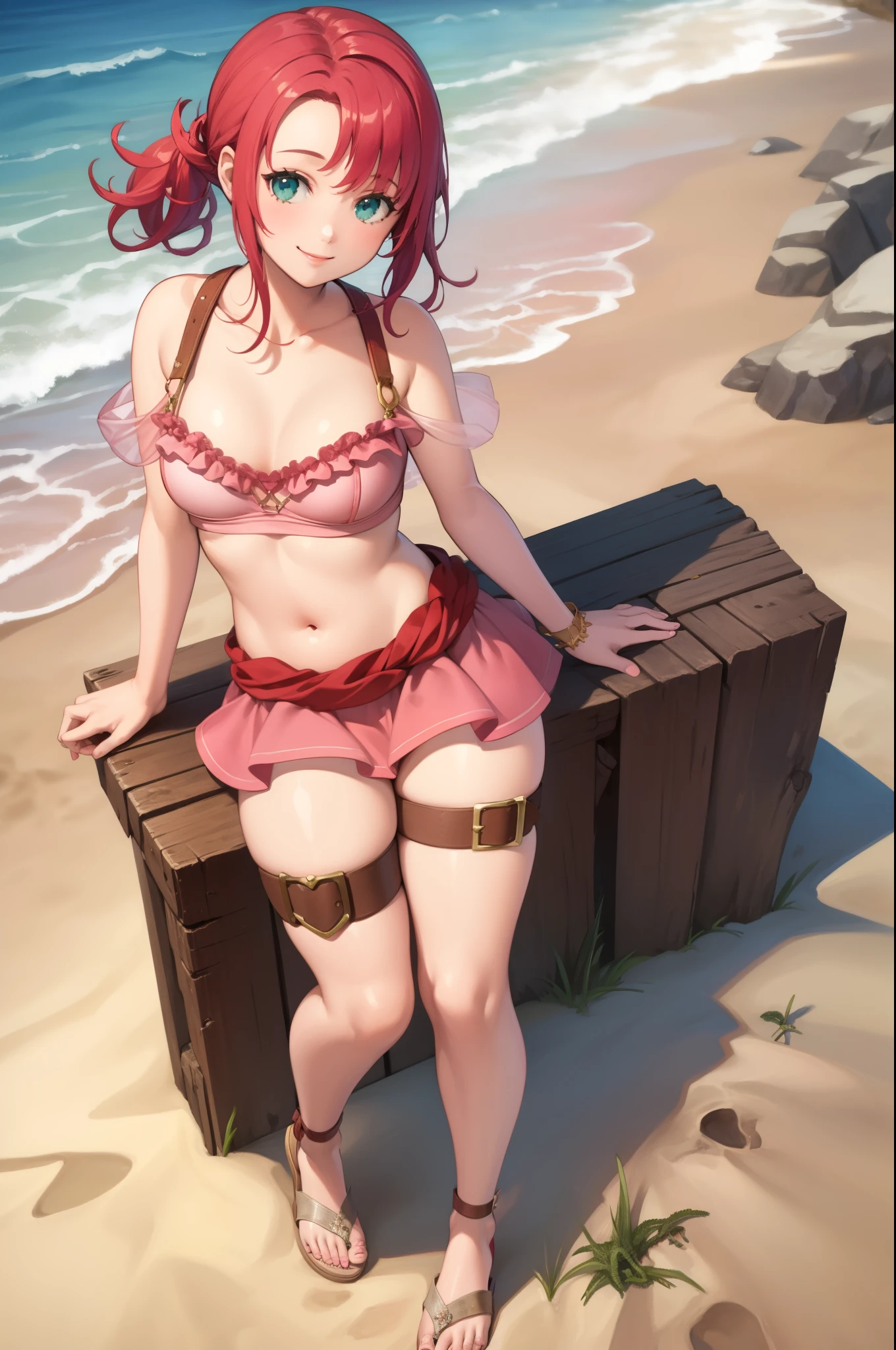 masterpiece, best quality, norne, pink bikini, pink skirt, thigh strap, sandals, smile, beach, sand, looking up, looking at viewer, smile