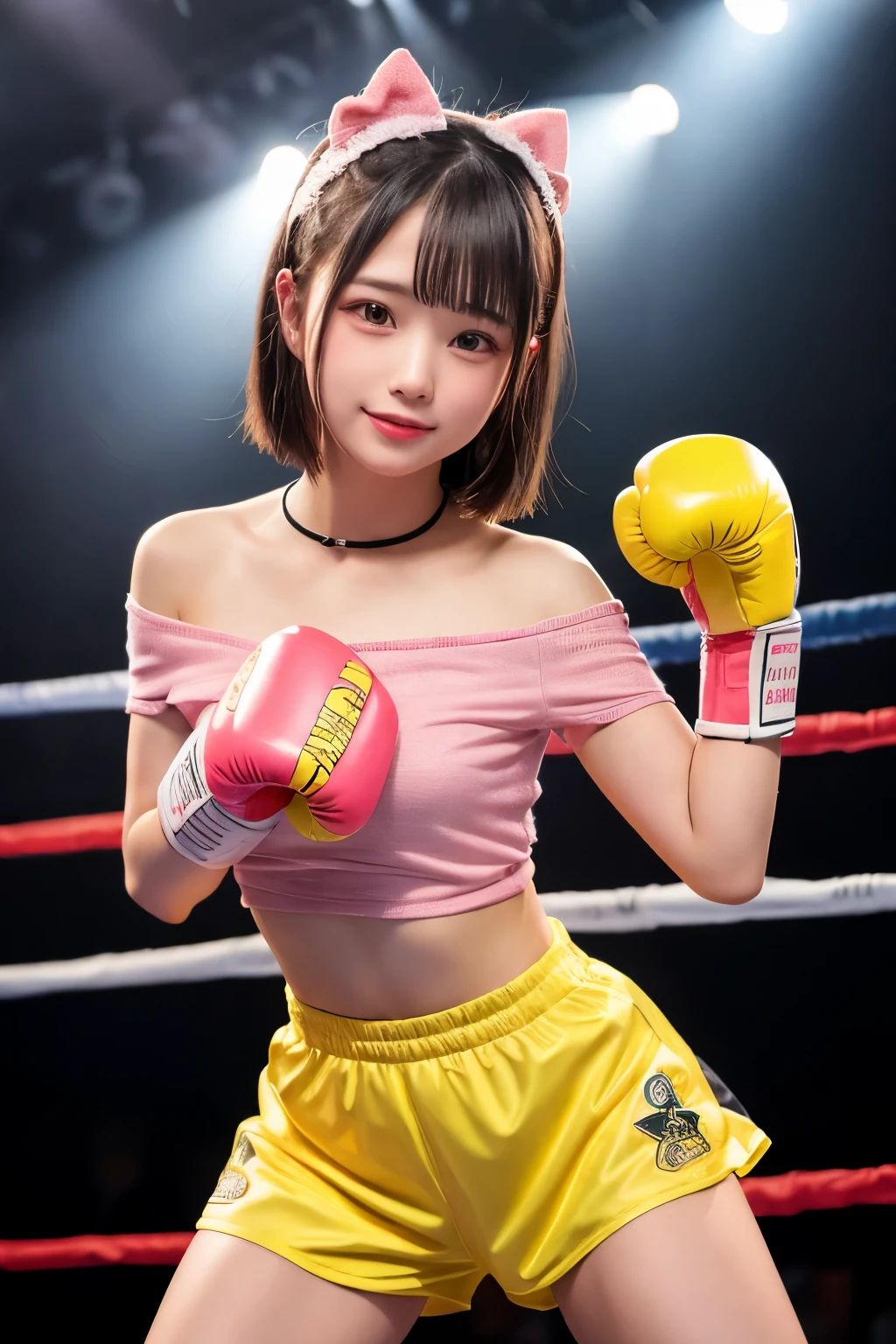 {{1 girl}}, {{highest quality}}, 、Cute girl in high school, girl wearing pink and yellow shirt, girl with pink boxing gloves, shorts, off shoulder girl、cute、plump thighs、big breasts、Stand in the boxing ring、Dark background、girl illuminated by lights、Woman in shortcuts、Fluttering skirt、Punch Pose、Smooth hair