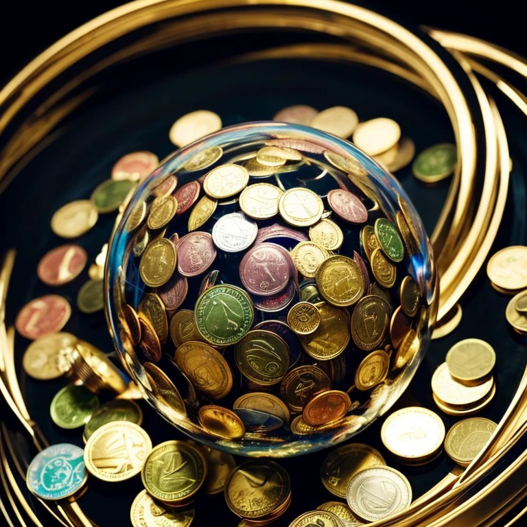 A lot of money is swirling around in a spherical shape.、In the center is a sphere made up of many coins.。