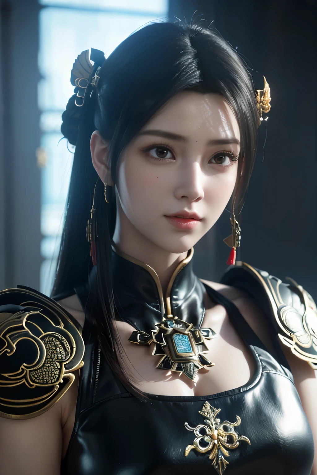 Game art，The best picture quality，Highest resolution，8K，((A bust photograph))，((Portrait))，((Head close-up))，(Rule of thirds)，Unreal Engine 5 rendering works， (The Girl of the Future)，(Female Warrior)， 22岁少女，(Female hackers)，(Rainbow hair，Ancient Oriental hairstyle)，((The pupils of the red eyes:1.3))，(A beautiful eye full of detail)，(Big breasts)，(Eye shadow)，优雅迷人，冷漠，((Anger))，(General armor in ancient Chinese style，Joint Armor，There are exquisite Chinese patterns on the clothes，A flash of jewellery)，人物，奇幻风格， 拍照姿势，城市背景，Movie lights，Ray tracing，Game CG，((3D Unreal Engine))，oc渲染反射纹