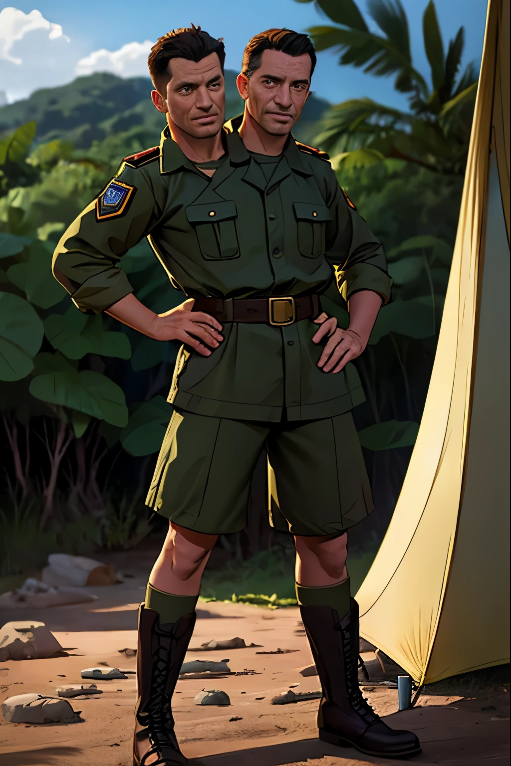 A 40 year old man, ((2heads)), conjoined dicephalus,, masterpiece quality, realistic, daylight, wearing low plunge army fatigues, wearing combat boots, sweaty, on a military base, military tents in background, troops in background, jungle in background, action shot