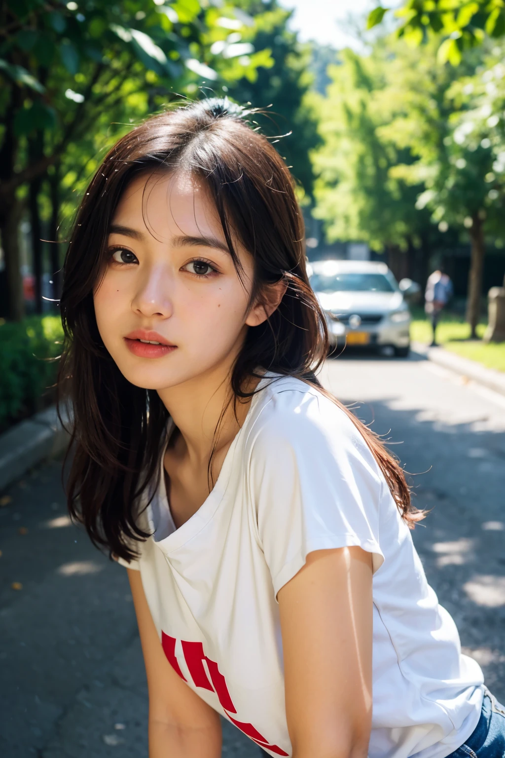 (8K, RAW photo, highest quality, High resolution:1.1), (hyperrealistic:1.4),(realistic, photorealistic:1.3), soft light,realistic face,realistic body,realistic skin,disorganized,masterpiece,(cute:1.8),(leaning forward:1.8),(From above:1.2),(close:1.4),crawl on all fours,throw,( Detailed colorful loose fitting t-shirt:1.2),(Beautiful breasts:0.9),(long hair,ponytail),(big:1.2),cleavage,fine black eyes,innocent eyes,droopy eyes,Watery eye,open lips,blush,good style,colorful lights,film Grain,close,look viewer,full Body,Depth of field, blurred background,Eye focus,young,85mm lens, f/ 1.4,professional lighting,portrait,photon mapping,radio city,Physically based rendering,Transparency,japanese girl,forest with sunshine,Sunny,outdoor