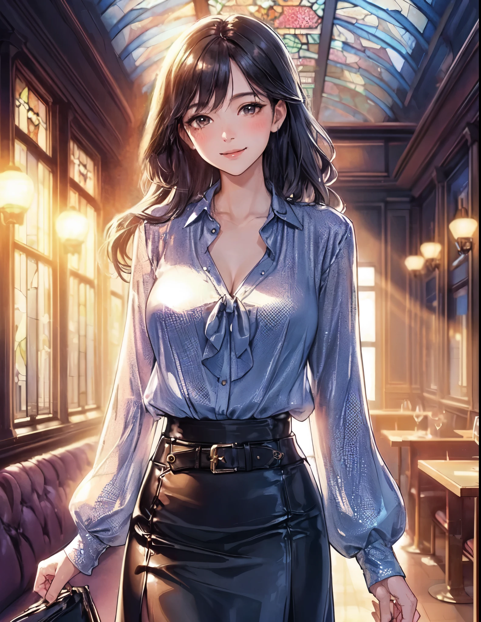 1lady solo, walking slowly, (blue silver blouse) (leather skirt), mature female, /(black hair/) bangs, blush light smile, (masterpiece best quality:1.2) delicate illustration ultra-detailed, large breasts BREAK (holding pouch) BREAK (corridor of high-end restaurant:1.2) indoors, (stained glass window), (setting sun's light), detailed background
