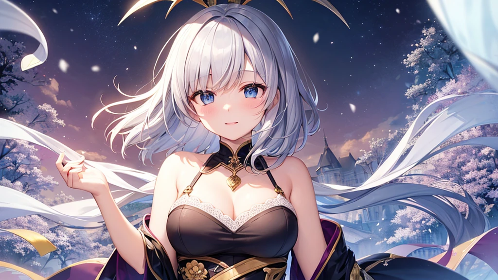 super high quality, with a girl, 20-year-old, very short hair, long bangs between the eyes, pale blue eyes , very detailed,(masterpiece、highest quality)、alone、gray hair、laughter、White skin as clear as snow、fantasy, silver hair, black eye, beautiful eyes,, ecstasy, charm, be smitten with audience, fantasyな風景、evening、flower garden