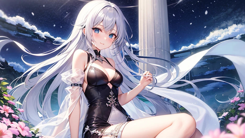 super high quality, with a girl, 20-year-old, very short hair, long bangs between the eyes, pale blue eyes , very detailed,(masterpiece、highest quality)、alone、gray hair、laughter、White skin as clear as snow、fantasy, silver hair, black eye, beautiful eyes,, ecstasy, charm, be smitten with audience, fantasyな風景、evening、flower garden