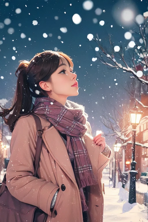 a woman standing in the snow with a scarf on, snowfall, in the snow, in the snow, Animated visual of a cute girl, beautiful animation girl, beautiful animation, Snow only background, Realistic illustration of mature young man, beautiful animation portrait, Snow falls, Guweiz style art work, snowy. by makoto shinkai, cute anime girl