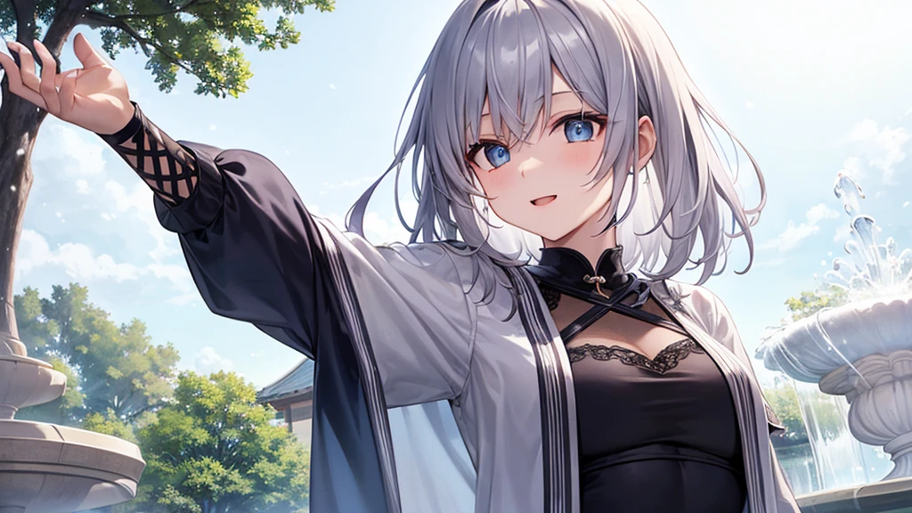super high quality, with a girl, 20-year-old, very short hair, long bangs between the eyes, pale blue eyes , very detailed,(masterpiece、highest quality)、alone、gray hair、laughter、White skin as clear as snow、fantasy, silver hair, black eye, beautiful eyes,, ecstasy, charm, be smitten with audience, fantasyな風景、evening、flower garden、fountain in the forest