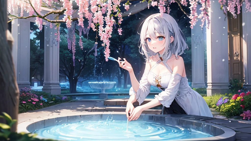 super high quality, with a girl, 20-year-old, very short hair, long bangs between the eyes, pale blue eyes , very detailed,(masterpiece、highest quality)、alone、gray hair、laughter、White skin as clear as snow、fantasy, silver hair, black eye, beautiful eyes,, ecstasy, charm, be smitten with audience, fantasyな風景、evening、flower garden、fountain in the forest