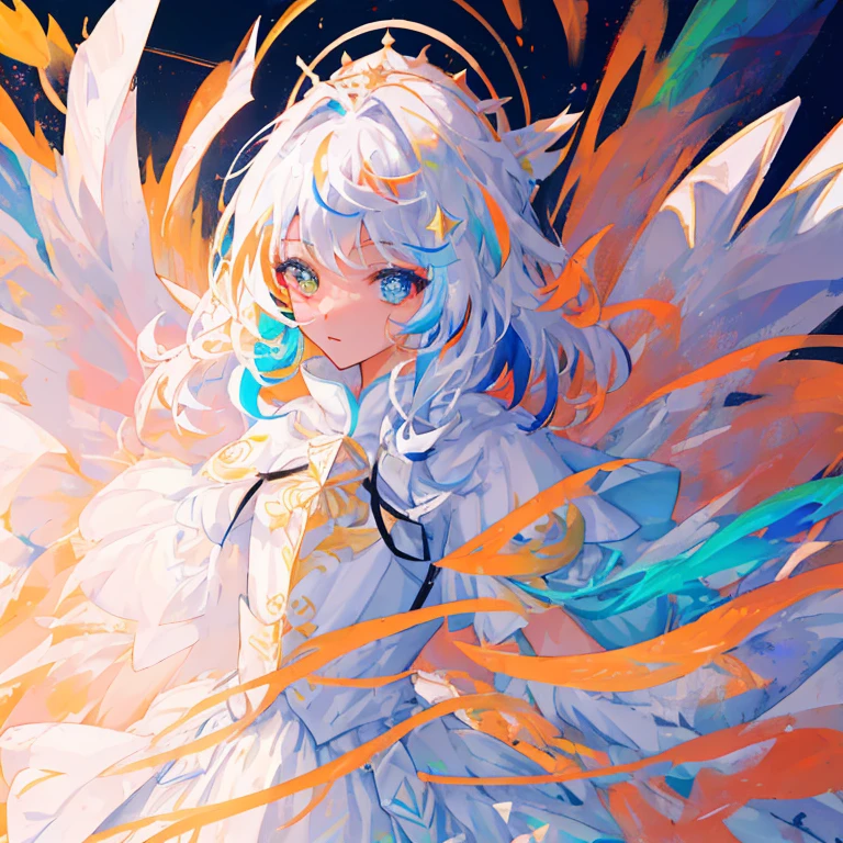 {A girl in white armor fights in a white cape}}，{{Masterpiece}}，best qualtiy，Extremely detailed Cg Unity 8K wallpaper，电影灯光，lens flare glow，beatiful detailed eyes，full bodyesbian，black in color，multicolour hair，Colored light particles, Heterochromia, (Colorful:1.5), (Colorful hair:1.5),