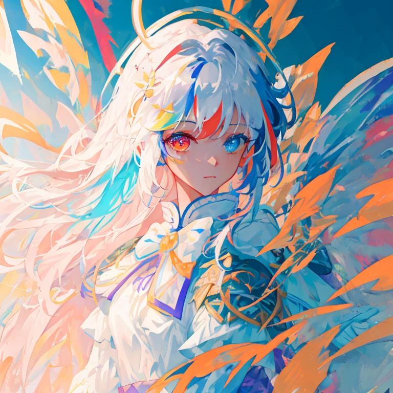 {A girl in white armor fights in a white cape}},{{Masterpiece}},best qualtiy,Extremely detailed Cg Unity 8K wallpaper,电影灯光,lens flare glow,beatiful detailed eyes,full bodyesbian,black in color,multicolour hair,Colored light particles, Heterochromia, (Colorful:1.5), (Colorful hair:1.5),