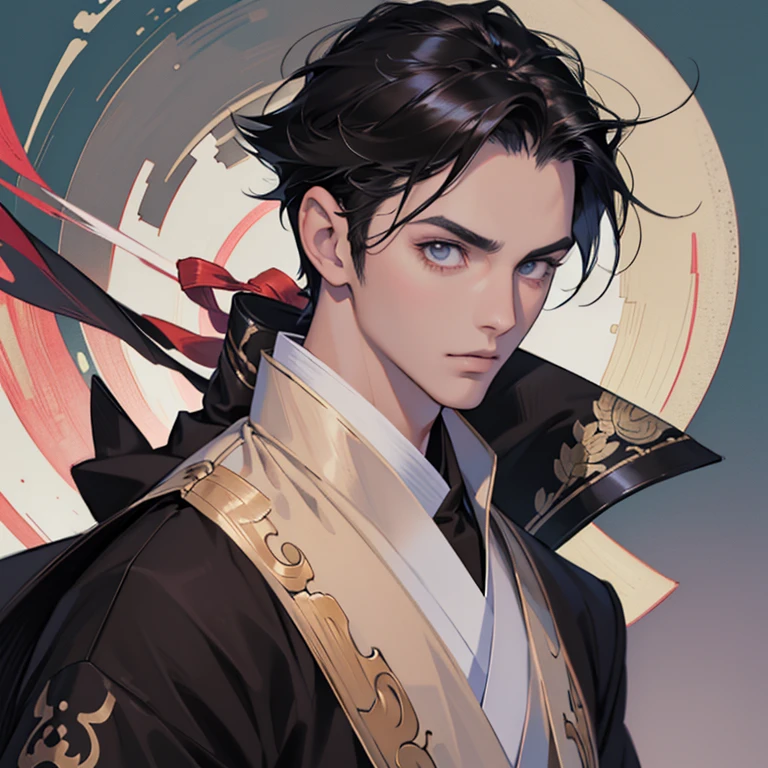 best quality,4k,8k,highres,masterpiece:1.2),ultra-detailed, anime avatar, young anime boy with black hair, gray eyes, stunning anime face portrait, detailed anime soft face, pretty boy, teenager, beautiful anime portrait, traditional japanese clothing, ninja clothing, leather vest, close up shot, head shot
