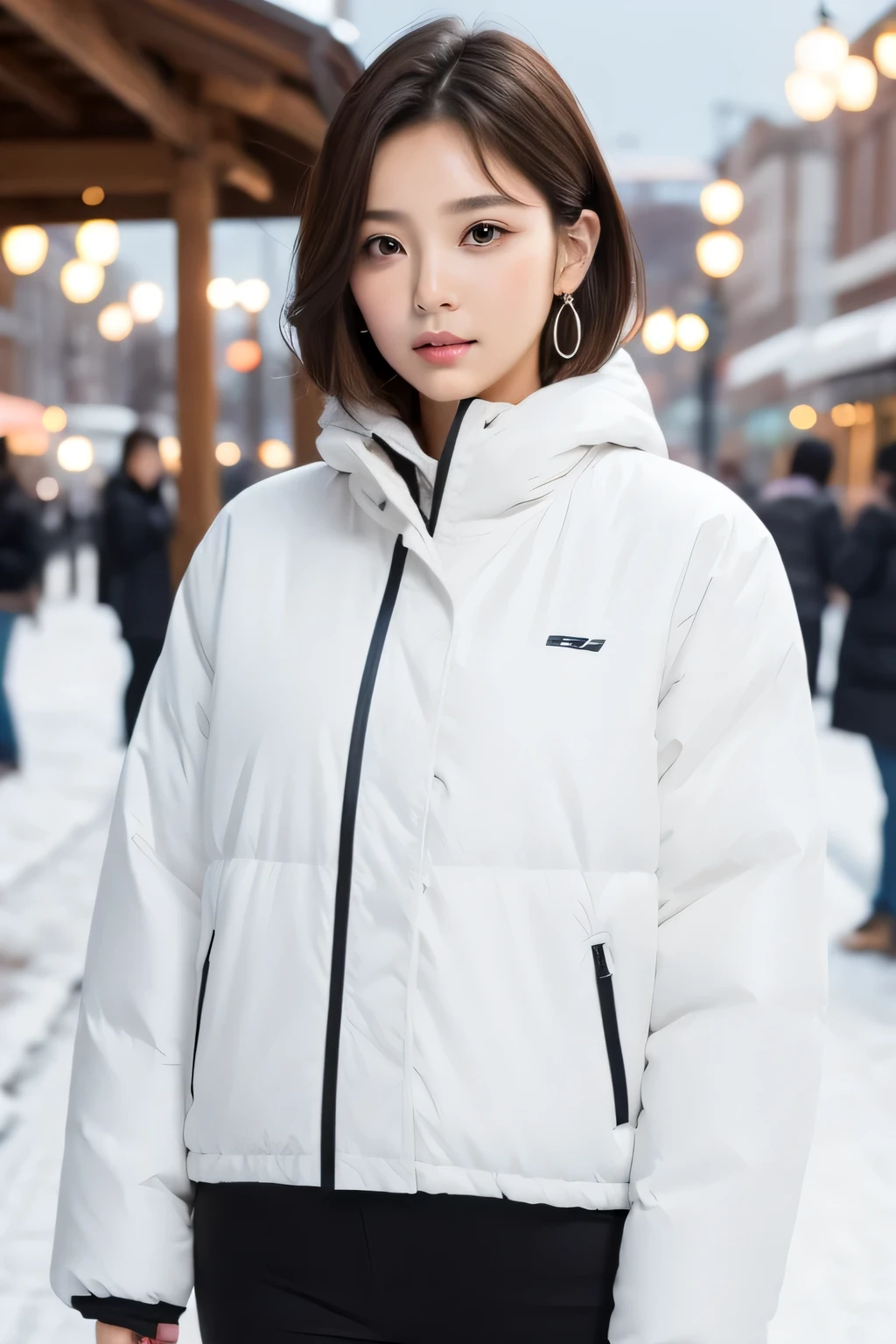 1girl, solo, looking at viewer, short hair, brown hair, shirt, black hair, brown eyes, jewelry, earrings, parted lips, , mole, blurry, lips, mole under eye,realistic, nose --iw 2