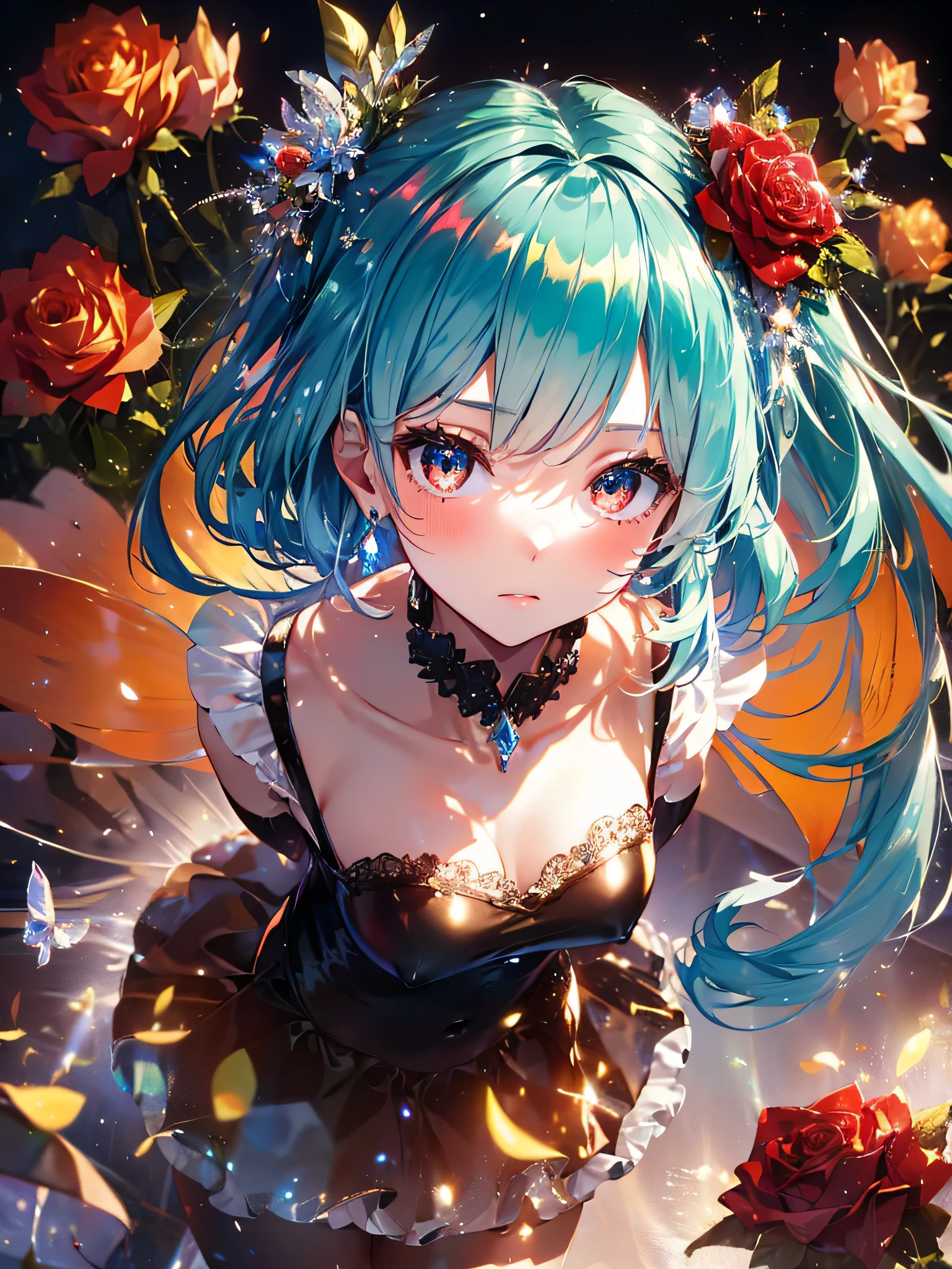 最high quality,table top,1 girl,hatsune miku, Red eyes like jewels,amber eyes、ponytail, magic , Princess, adventurous girl, bright amber red hair color、OK, Condescending expressions、nymphomaniac, high heel boots, gloves, zettai ryouiki, earrings, natural otaku, crown, moonlight,under the moon,At night,full body shot、((holding a jewel-like bouquet),Large bouquet、プレゼントbouquet、The moment you give your husband a bouquet of flowers、I'I'm very happy、masterpiece, high quality, High resolution, alone、(masterpiece:1.6、最high quality), (OK and beautiful eyes:1.2), 1 girl, room、perfect hands、blush、look up(masterpiece:1.6、最high quality), (OK and beautiful eyes:1.2), 1 girl, Report, underwear、Short T-shirt that shows your belly button、amber skirt、perfect hands,(((shoot from below)))、be quiet, From above,Both thighs are thick, shaggy,renting a room in a mansion,Balloons flutter,bouquet,100 Roses、Rose、Rose