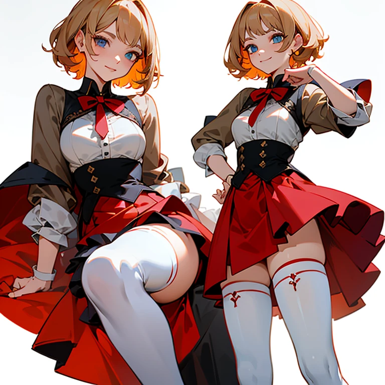 Masterpiece: 1.6, best quality: 1.4, live image: 1.2, intricate details: 1.2, charturnerv2: 1.2, 1lady full body character change, Appearance: young: 1.25, thin: 1.3, blue eyes, thick eyelashes,medium breasts, detailed eyes, quality eyes, Clothing: black shirt, red skirt, bubble skirt Accessories: red bow, red ribbon, Hair: blonde hair, short hair, semi curly hair, natural, shiny skin, (single background, white background:1.8), transparent Background, multiple views, multiple views of the same character in the same outfit: 1.3., character sheet: 1.2, multiple facial expressions: 1.3, serious, seductive smile, evil smile, shaded face, white legwear, white thighhighs,