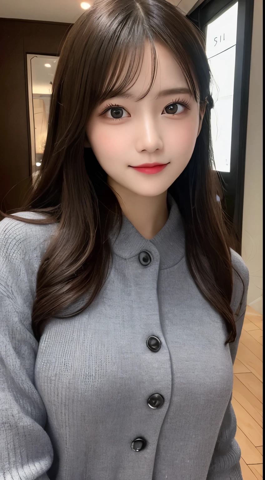 table top, highest quality, shape, Super detailed, finely, High resolution, 8k wallpaper, 完璧なダイナミックな構shape, beautiful and detailed eyes, Gorgeous and stylish black fluffy latest trend Tokyo winter clothes,ランダムなcute髪,small breasts,natural color lip, bold sexy pose,smile、20 year old girl、cute、sexy shot looking at camera,Always blur the background,perfect and beautiful face,Take only the face,beautiful and detailed face、slim face and style,Big eyes、Do gal makeup,real photos