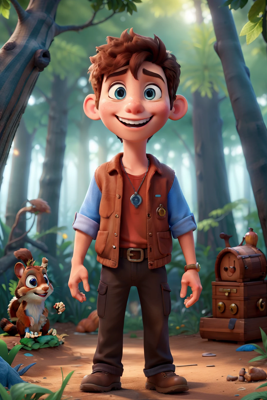 Tommy, the boy with sparkling blue eyes and sun-kissed brown hair, and Nutty, the lively squirrel with a bushy red-brown tail, grin from ear to ear as they carefully insert the ancient, mystic key into the intricately carved, old treasure chest. Nestled deep within the heart of the magical, enchanting woods, this 8k, ultra-high definition, hyper-realistic, Pixar and Disney Style rendition of the scene comes alive with Cinema 4D detail, bringing the adventure to a 3:2 aspect ratio for an immersive, breathtaking experience.