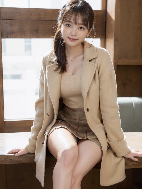 (Photoreal)、(Super high realism)、(ultra high resolution)、(Ultra high definition)、 (18 year old girl、small face、very young face, natural makeup)(fair skin、Smooth skin、realistic texture)(sparkling eyes)beautiful 、beautiful 、thin waist、big 、((cute smile))((Long ponytail))With bangs（((light brown wool short coat、Burberry check super short )))brown hair(earrings)Stylish coffee shop((((Thighs look bold、inviting pose、sitting))))(((full body shot、Visible up to the ankles)))
