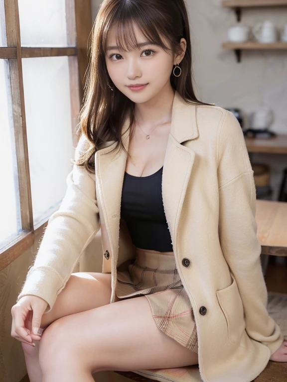 (Photoreal)、(Super high realism)、(ultra high resolution)、(Ultra high definition)、 (18 year old girl、small face、very young face, natural makeup)(fair skin、Smooth skin、realistic texture)(sparkling eyes)beautiful breasts、beautiful cleavage、thin waist、big ass、((cute smile))((Long ponytail))With bangs（((light brown wool short coat、Burberry check super short mini skirt)))brown hair(earrings)Stylish coffee shop((((Thighs look bold、inviting pose、sitting))))(((full body shot、Visible up to the ankles)))