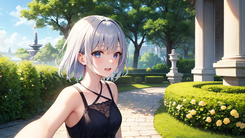 super high quality, with a girl, 20-year-old, very short hair, long bangs between the eyes, pale blue eyes , blue sky, sunlight, very detailed,(masterpiece、highest quality)、alone、gray hair、laughter、White skin as clear as snow、fantasy, silver hair, black eye, beautiful eyes,, ecstasy, charm, be smitten with audience, fantasyな風景、fountain in the forest、flower garden