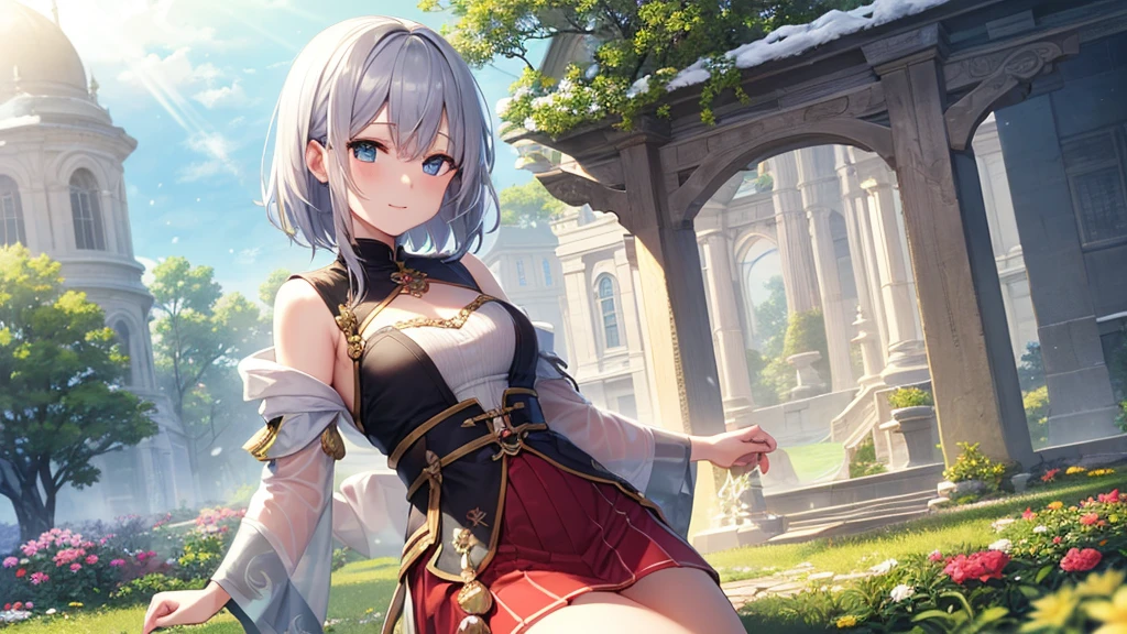 super high quality, with a girl, 20-year-old, very short hair, long bangs between the eyes, pale blue eyes , blue sky, sunlight, very detailed,(masterpiece、highest quality)、alone、gray hair、laughter、White skin as clear as snow、fantasy, silver hair, black eye, beautiful eyes,, ecstasy, charm, be smitten with audience, fantasyな風景、fountain in the forest、flower garden