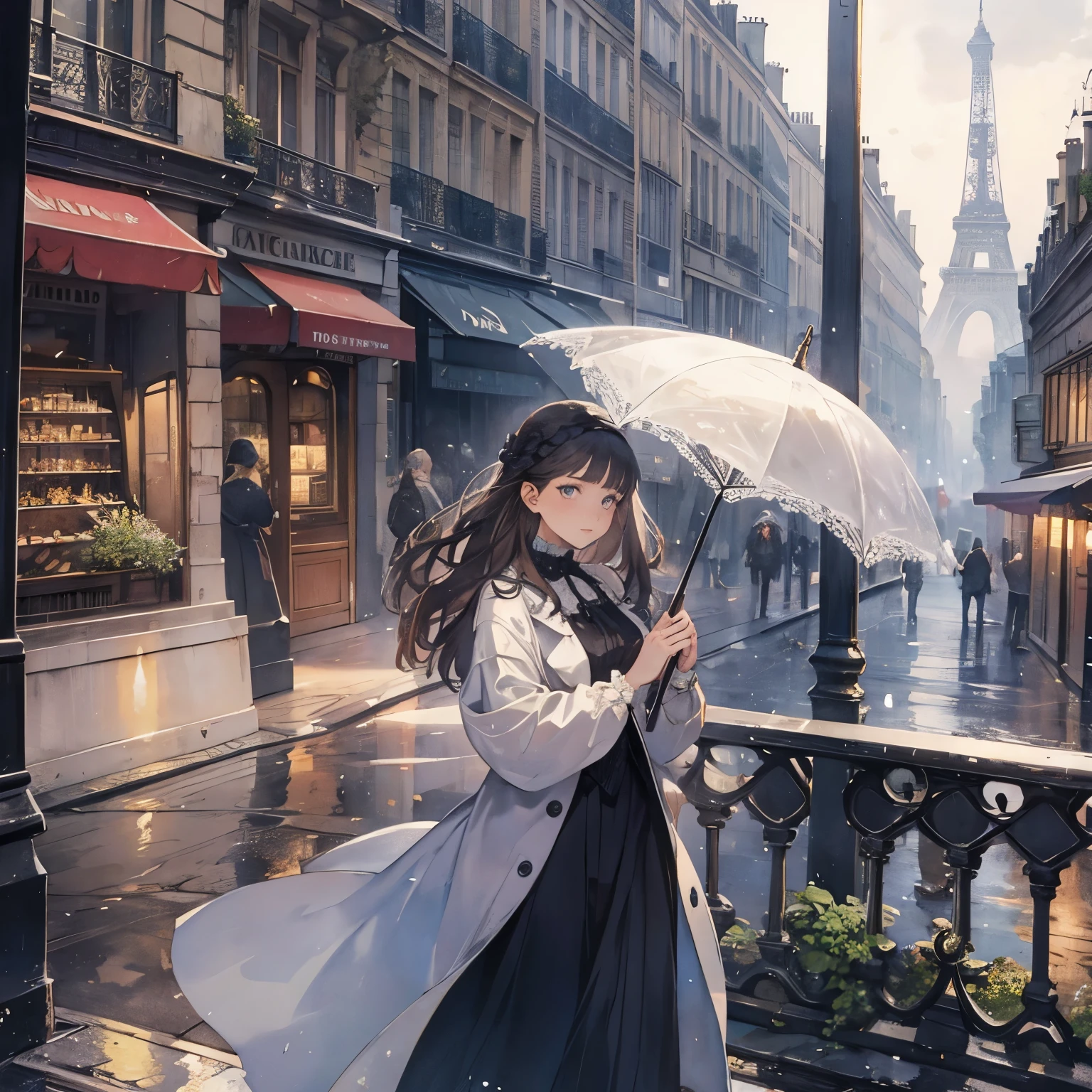 Paris , Storm scene, Edwardian woman in white, watercolor