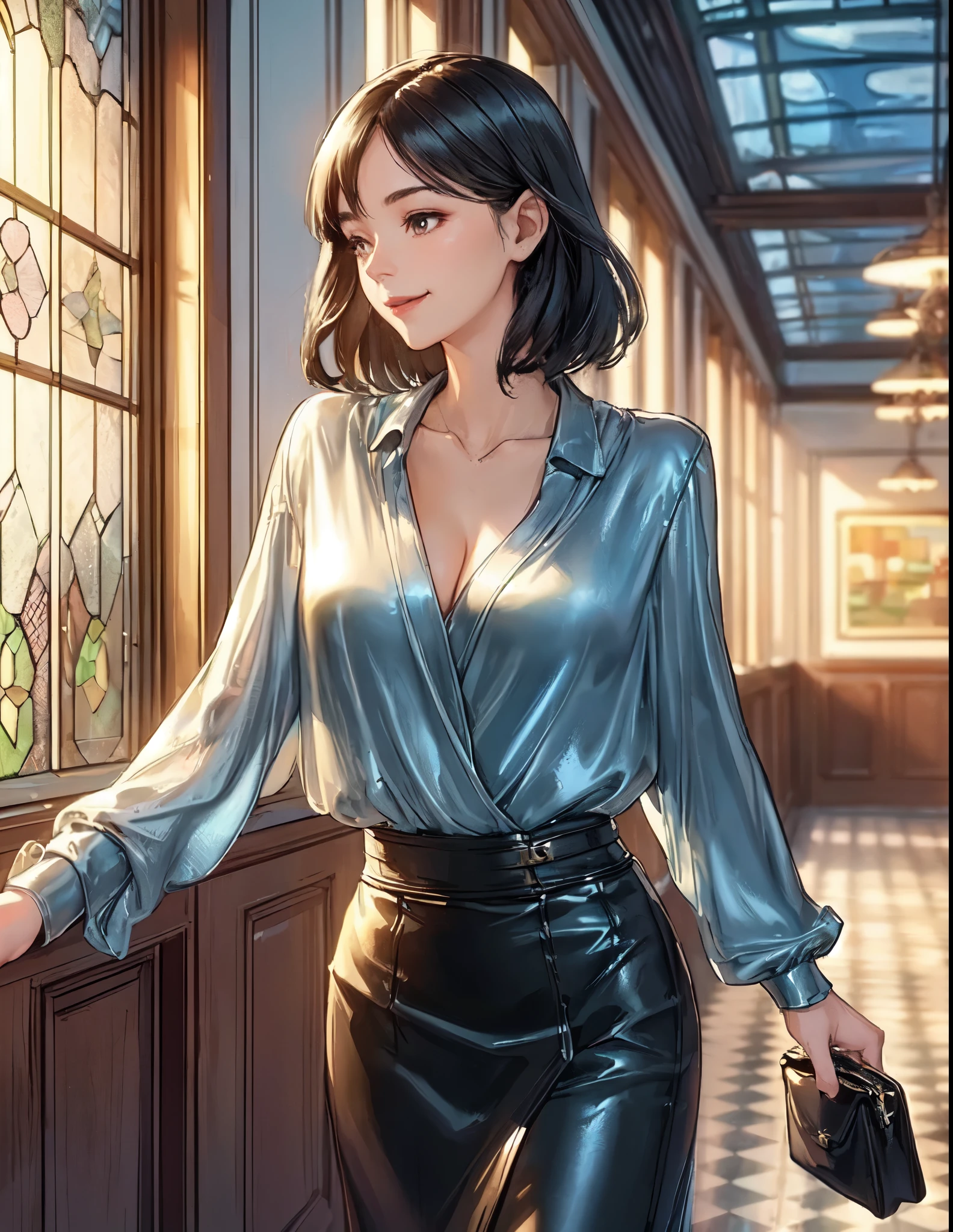 1lady solo, walking slowly, (blue silver blouse) (leather skirt), mature female, /(black hair/) bangs, light smile, (masterpiece best quality:1.2) delicate illustration ultra-detailed, large breasts BREAK (holding pouch) BREAK (corridor of high-end restaurant:1.2) indoors, (stained glass window), (setting sun's light), detailed background
