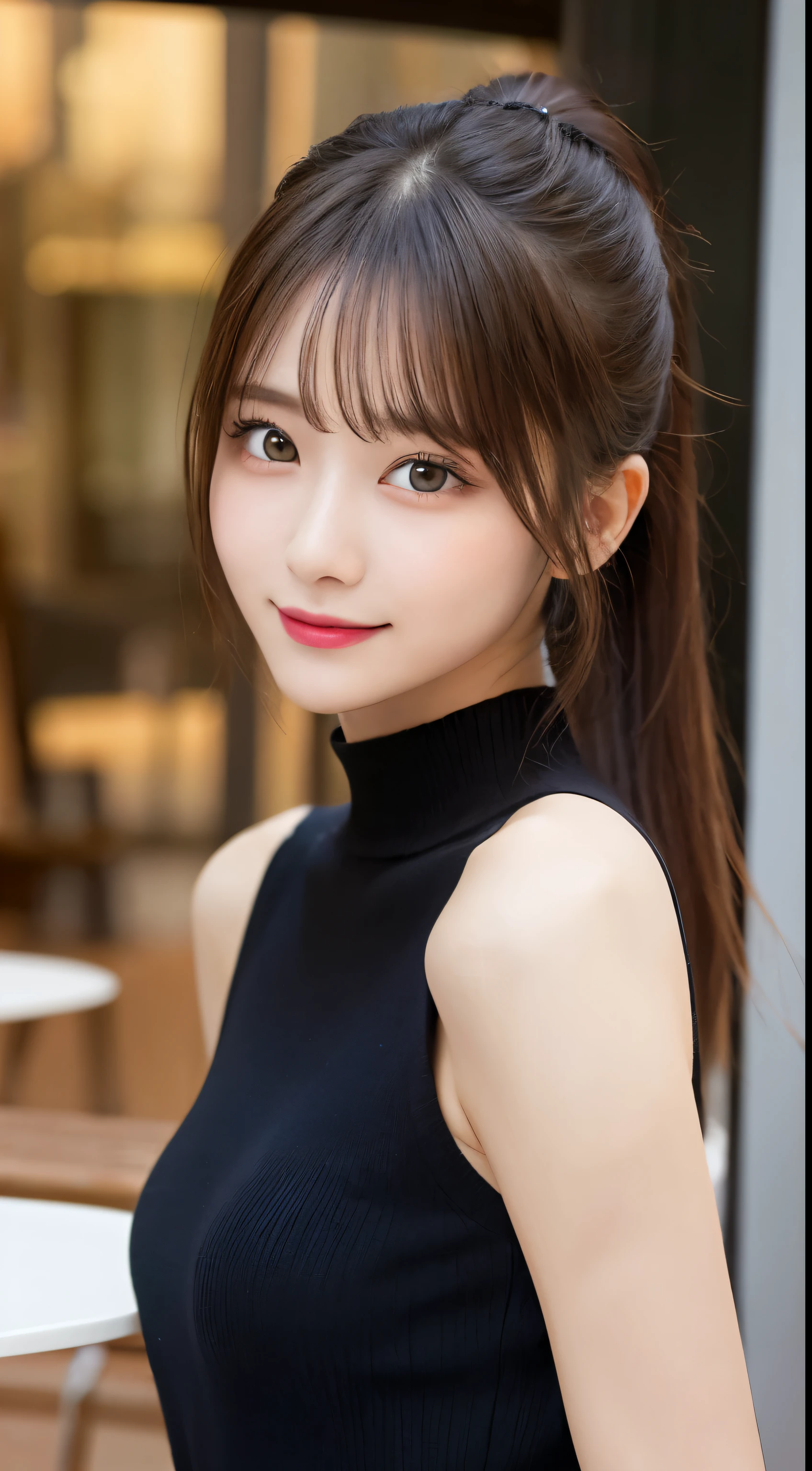 table top, highest quality, shape, Super detailed, finely, High resolution, 8k wallpaper, 完璧なダイナミックな構shape, beautiful and detailed eyes, Trendy Women's Winter Fashion,ponytail,small breasts natural color lip, sexy pose,smile,Harajuku、20 year old girl、sexy look for the camera