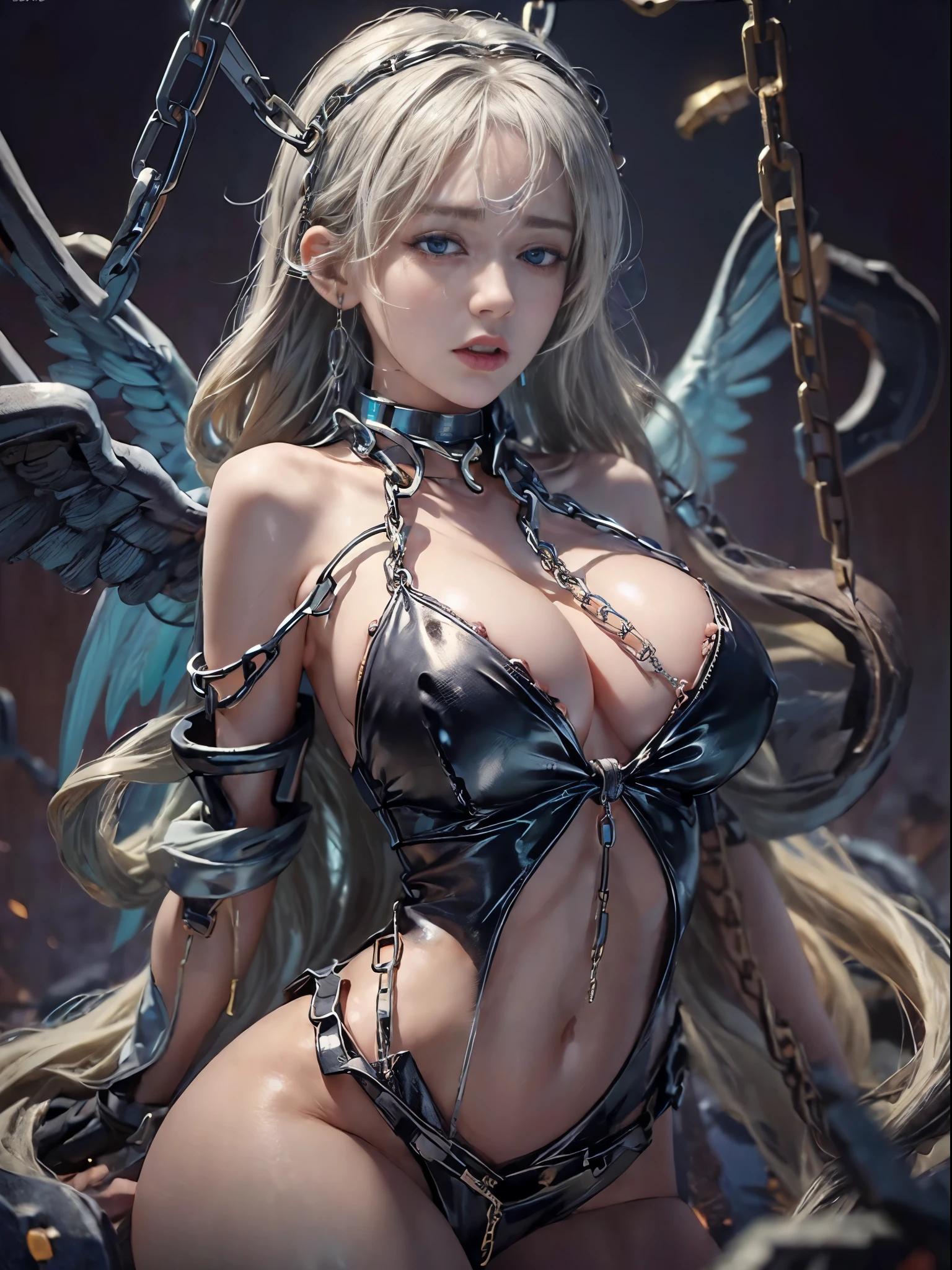 (RAW shooting:1.5, realistic:1.5, 8K), (highest quality, masterpiece, ultra high resolution), dark underground prison, (perfect dynamic composition:1.7) Highly detailed skin and facial textures:1.3, Detail of limbs, 1 girl, Cute sexy slim succubus with wings, Horn, Fair skin, open your legs, (wear heavily torn clothes correctly:1.2), Huge breasts that are about to explode, Do not show areola, big chest gap, (The expression on your face when you feel intense caress, Facial expression when feeling pleasure, A look drowning in pleasure, Are crying), beautiful blue eyes, Eyes that feel beautiful eros, sexy face, blush, (Too erotic and cute), ((Lots of chains:1.7, tied up with giant shackles:1.7, tied up with a huge chain:1.8, An incomprehensible amount of liquid flows throughout the body:1.9)), super long white blonde curly hair, View from the knee up