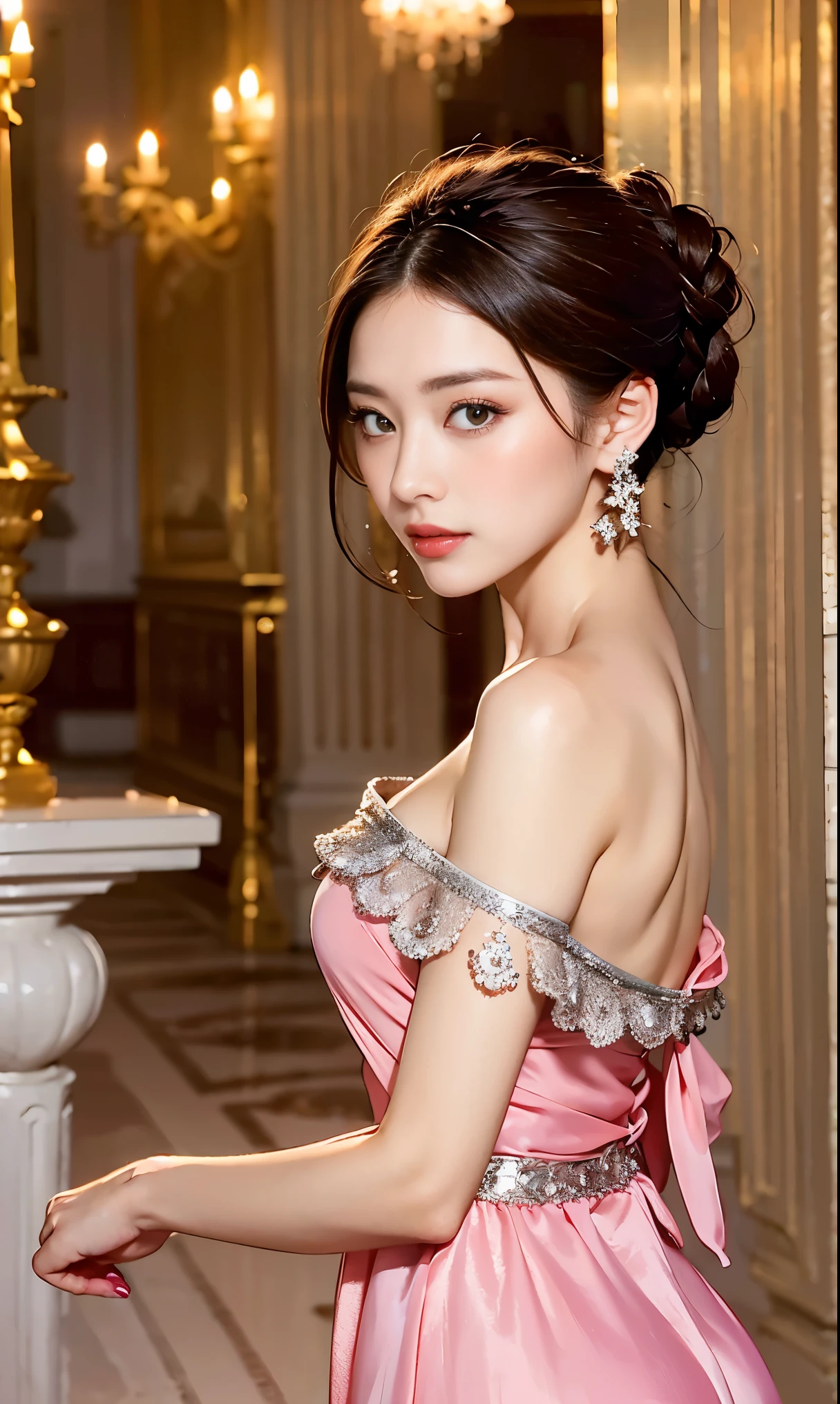woman, Severe, elegant, pink dress, aristocratic, silver elements, long nails, bare shoulders, hairstyle, hair up, braids and ponytail, Messy, arrogant, absurd, fine dress, royalty, celebration, hall decorated with flowers, cowboy shot, portrait, (highest quality), (masterpiece), (very detailed), (4K)