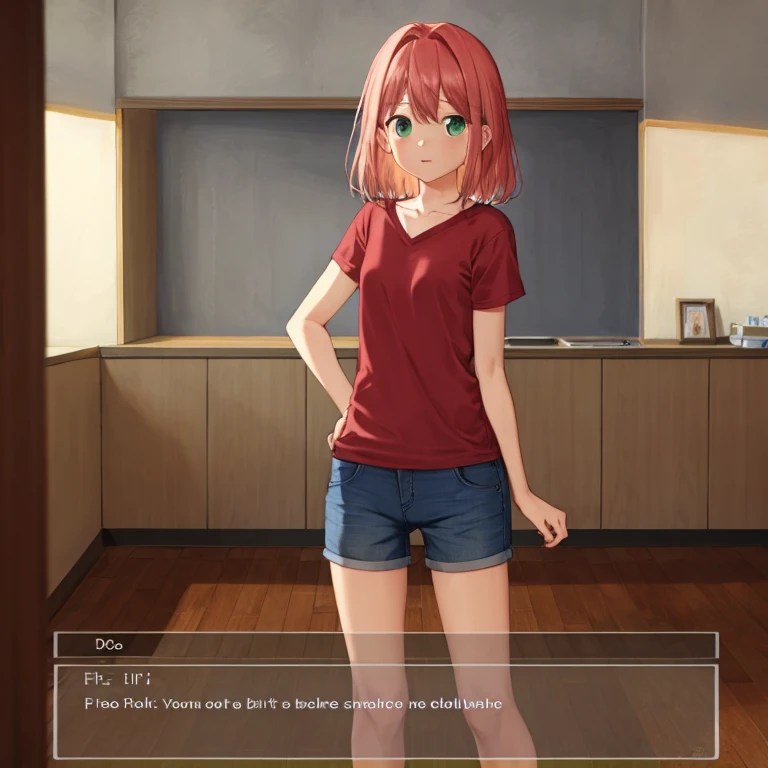 , masterpiece, Highest Quality, Highest Resolution, perfect background, perfect perspective, sharp image, perfect details, perfect lighting, perfect shadows, Perfect lighting, Best background, Visual Novel, dialogue box, text, game, user interface, 1girl, pink hair, red shirt, collar, black elbow pads, skirt, gray legging shorts, blue ribbon, green eyes, holsters,