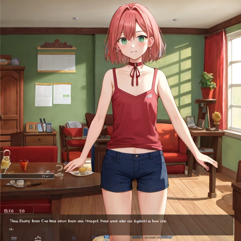 , masterpiece, Highest Quality, Highest Resolution, perfect background, perfect perspective, sharp image, perfect details, perfect lighting, perfect shadows, Perfect lighting, Best background, Visual Novel, dialogue box, text, game, user interface, 1girl, pink hair, red shirt, collar, black elbow pads, skirt, gray legging shorts, blue ribbon, green eyes, holsters,