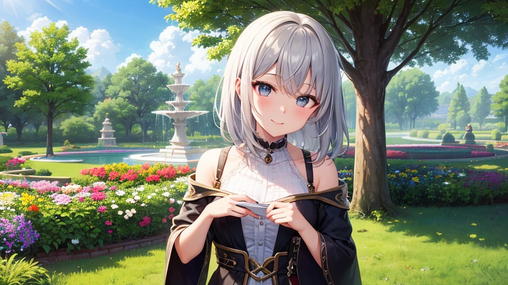 super high quality, with a girl, 20-year-old, very short hair, long bangs between the eyes, gray eyes , blue sky, sunlight, very detailed,(masterpiece、highest quality)、alone、gray hair、laughter、fantasy, silver hair, black eye, beautiful eyes,, ecstasy, charm, be smitten with audience, fantasyな風景、fountain in the forest、flower garden