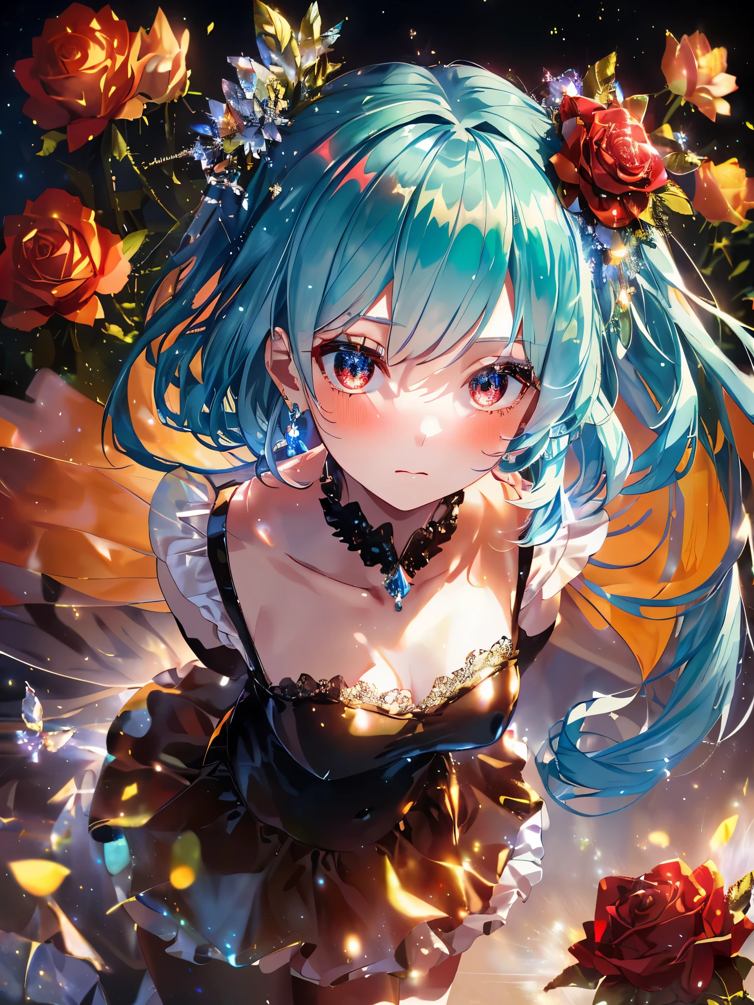 最high quality,table top,1 girl,hatsune miku, Red eyes like jewels,amber eyes、ponytail, magic , Princess, adventurous girl, bright amber red hair color、OK, Condescending expressions、nymphomaniac, high heel boots, gloves, zettai ryouiki, earrings, natural otaku, crown, moonlight,under the moon,At night,full body shot、((holding a jewel-like bouquet),Large bouquet、プレゼントbouquet、The moment you give your husband a bouquet of flowers、I&#39;I&#39;m very happy、masterpiece, high quality, High resolution, alone、(masterpiece:1.6、最high quality), (OK and beautiful eyes:1.2), 1 girl, room、perfect hands、blush、look up(masterpiece:1.6、最high quality), (OK and beautiful eyes:1.2), 1 girl, Report, underwear、Short T-shirt that shows your belly button、amber skirt、perfect hands,(((shoot from below)))、be quiet, From above,Both thighs are thick, shaggy,renting a room in a mansion,Balloons flutter,bouquet,100 Roses、Rose、Rose