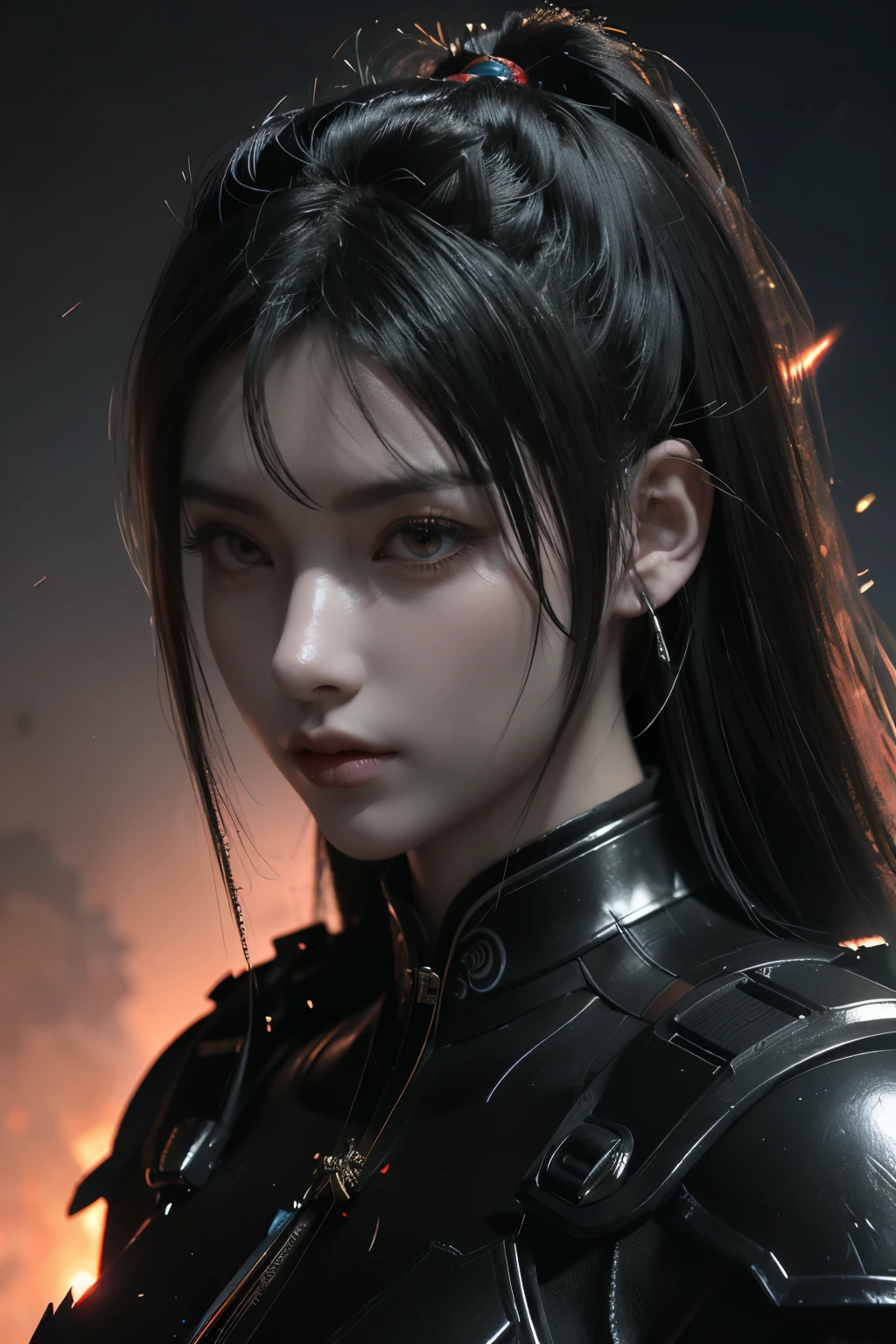 Game art,The best picture quality,Highest resolution,8K,((A bust photograph)),((Portrait)),((Head close-up)),(Rule of thirds),Unreal Engine 5 rendering works, (The Girl of the Future),(Female Warrior), 22岁少女,(Female hackers),(Rainbow hair,Ancient Oriental hairstyle),((The pupils of the red eyes:1.3)),(A beautiful eye full of detail),(Big breasts),(Eye shadow),优雅迷人,冷漠,((Anger)),(General armor in ancient Chinese style,Joint Armor,There are exquisite Chinese patterns on the clothes,A flash of jewellery),人物,奇幻风格, 拍照姿势,城市背景,Movie lights,Ray tracing,Game CG,((3D Unreal Engine)),oc渲染反射纹