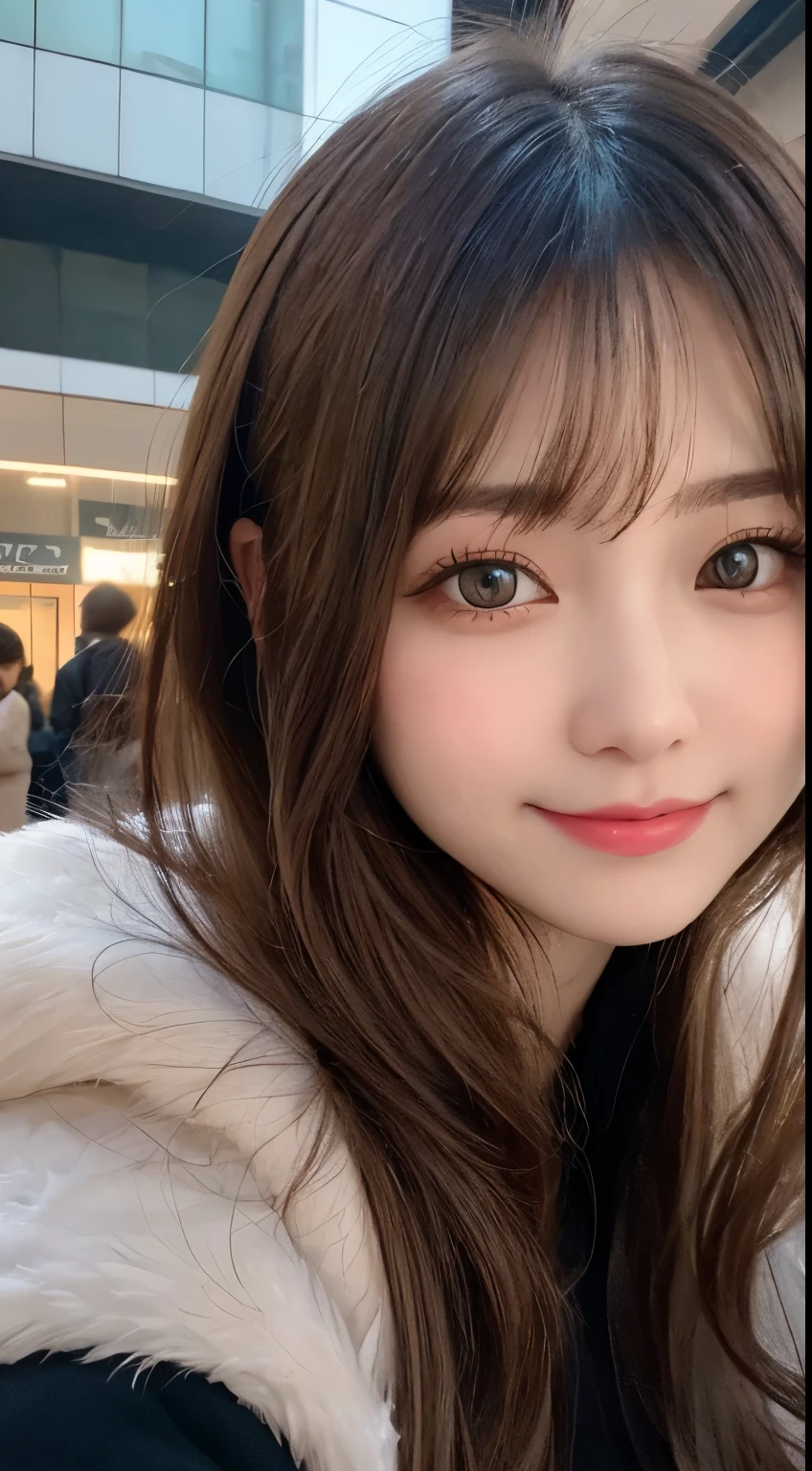 table top, highest quality, shape, Super detailed, finely, High resolution, 8k wallpaper, 完璧なダイナミックな構shape, beautiful and detailed eyes, Gorgeous and stylish black fluffy latest Tokyo winter clothes,ランダムなcute髪,small breasts,natural color lip, bold sexy pose,smile、20 year old girl、cute、sexy shot looking at camera,Always blur the background,perfect and beautiful face,Take only the face,beautiful and detailed face、slim face and style,Big eyes、Do gal makeup,real photos