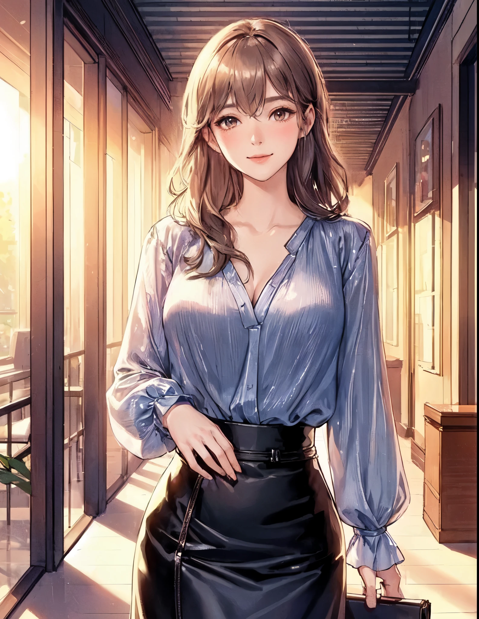 1lady solo, walking slowly, (blue silver blouse) (leather skirt), mature female, /(light brown hair/) bangs, blush light smile, (masterpiece best quality:1.2) delicate illustration ultra-detailed, large breasts BREAK (holding pouch) BREAK (corridor of high-end restaurant:1.2) indoors, (setting sun's light), detailed background