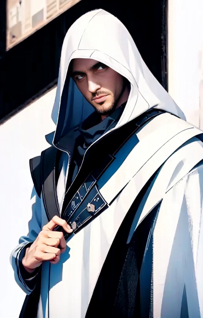 ((( Man wearing cloak))) (  indigo cloak as in controlnet image:1 with black lines), face visible, green eyes.  Symbol on chest, visible hands, human anatomy 