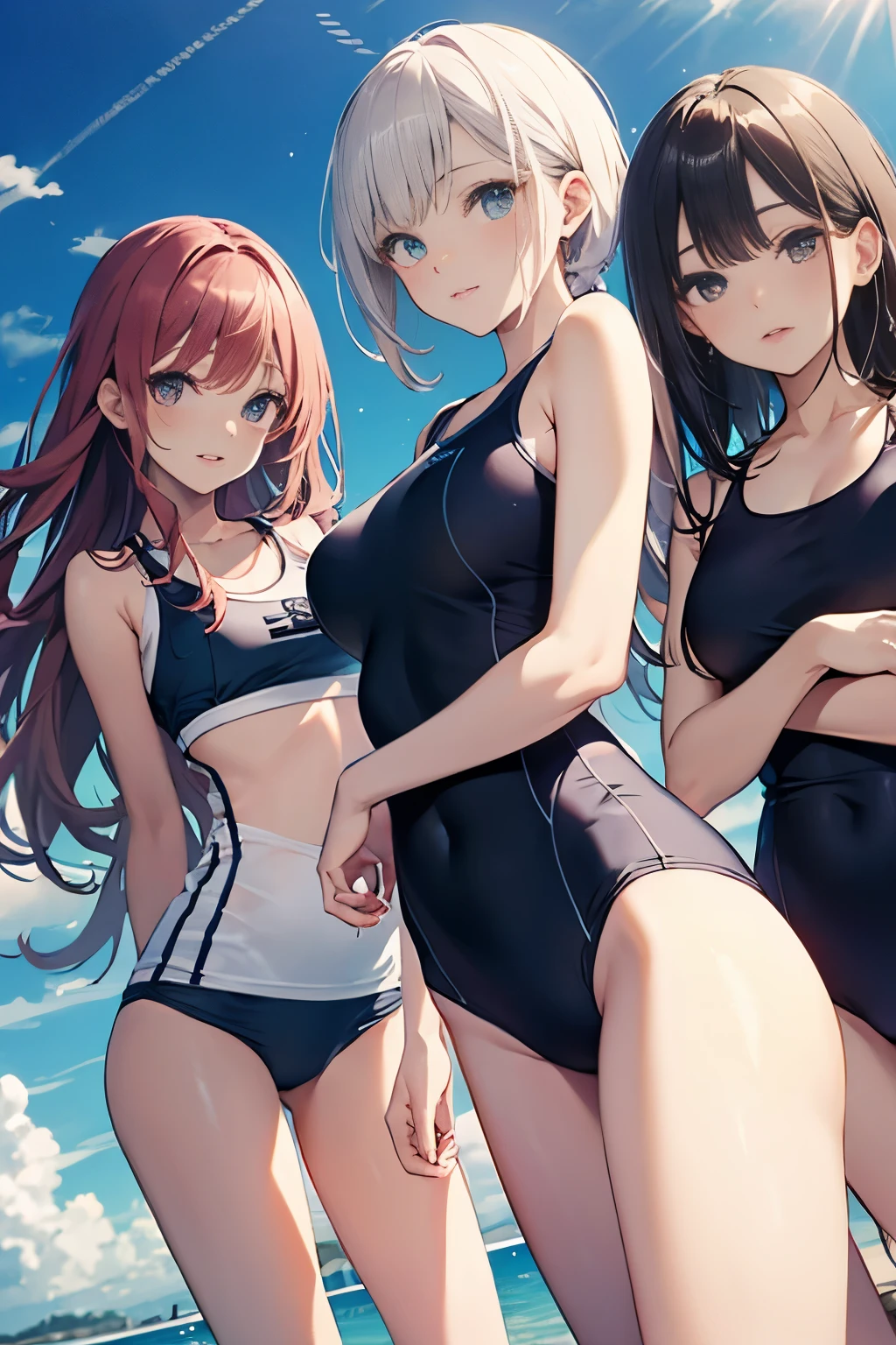 High quality、highest quality、complete limbs、Ultra high definition、Sparkling eyes、full finger、slender beauty、Group of 3、Wearing a school swimsuit、shiny skin