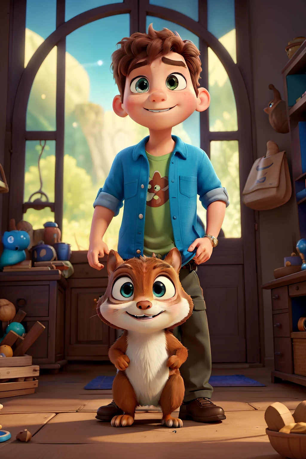 The boy and Nutty the squirrel, with bright eyes filled with curiosity, gaze at the old, creaking lid as it slowly opens, revealing a hidden treasure trove. Their expressions shift from eager anticipation to pure delight as they behold the sight before them: a magnificent collection of magical storybooks, each one as captivating as the last. The hyper-realistic, 8k, ultra HD imagery immerses viewers in the Pixar-style, Disneyesque world, bringing the enchanting scene to life in Cinema 4D. The 3:2 aspect ratio allows for an expansive view of the magical duo's discovery, adding to the wonder and excitement.
