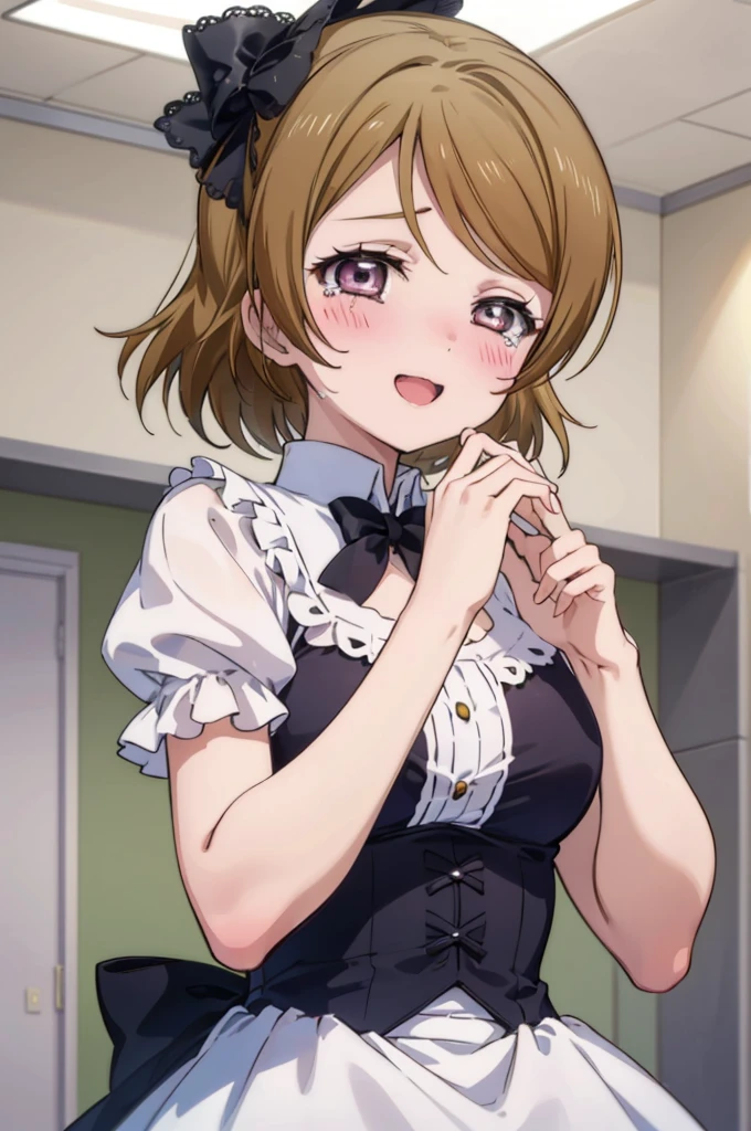 (((pixel perfect, detail perfect))), alone, 1 girl, Hanayo Koizumi, brown hair,short hair,Close ~ eyes,Crying with joy,indoor,open your mouth, smile,(masterpiece, highest quality) (detailed light), (very delicate and beautiful), volume light, best shadow, flash, Depth of bounds written, dynamic angle, Upper body with oily skin, 1 girl&#39;s birthday, highly detailed big birthday cake, Colorful Lolita Dresses,