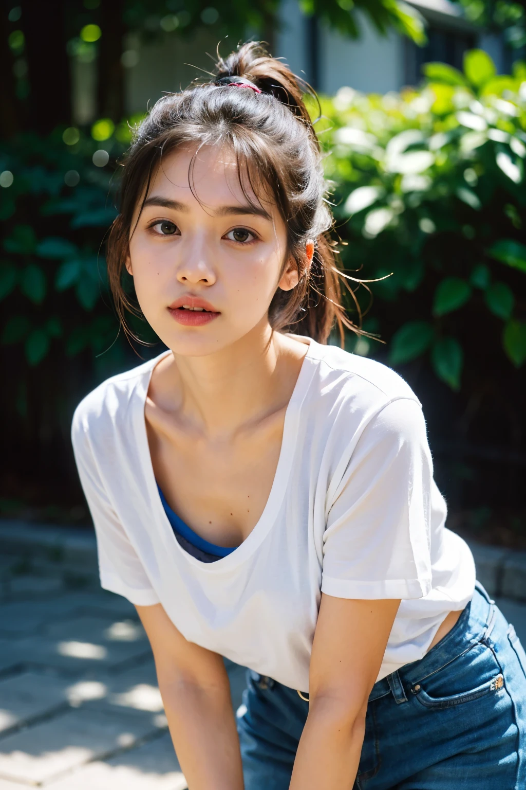 (8K, RAW photo, highest quality, High resolution:1.1), (hyperrealistic:1.4),(realistic, photorealistic:1.3), soft light,realistic face,realistic body,realistic skin,disorganized,masterpiece,(cute:1.8),(leaning forward:1.8),(From above:1.2),(close:1.4),crawl on all fours,throw,( Detailed white loose t-shirt:1.2),(Beautiful breasts:0.9),(long hair,ponytail),(big:1.2),cleavage,fine black eyes,innocent eyes,droopy eyes,Watery eye,open lips,blush,good style,cinema light,film Grain,close,look viewer,full Body,Depth of field, blurred background,Eye focus,young,85mm lens, f/ 1.4,professional lighting,portrait,photon mapping,radio city,Physically based rendering,Transparency,Day本の女の子,Day,Sunny,outdoor