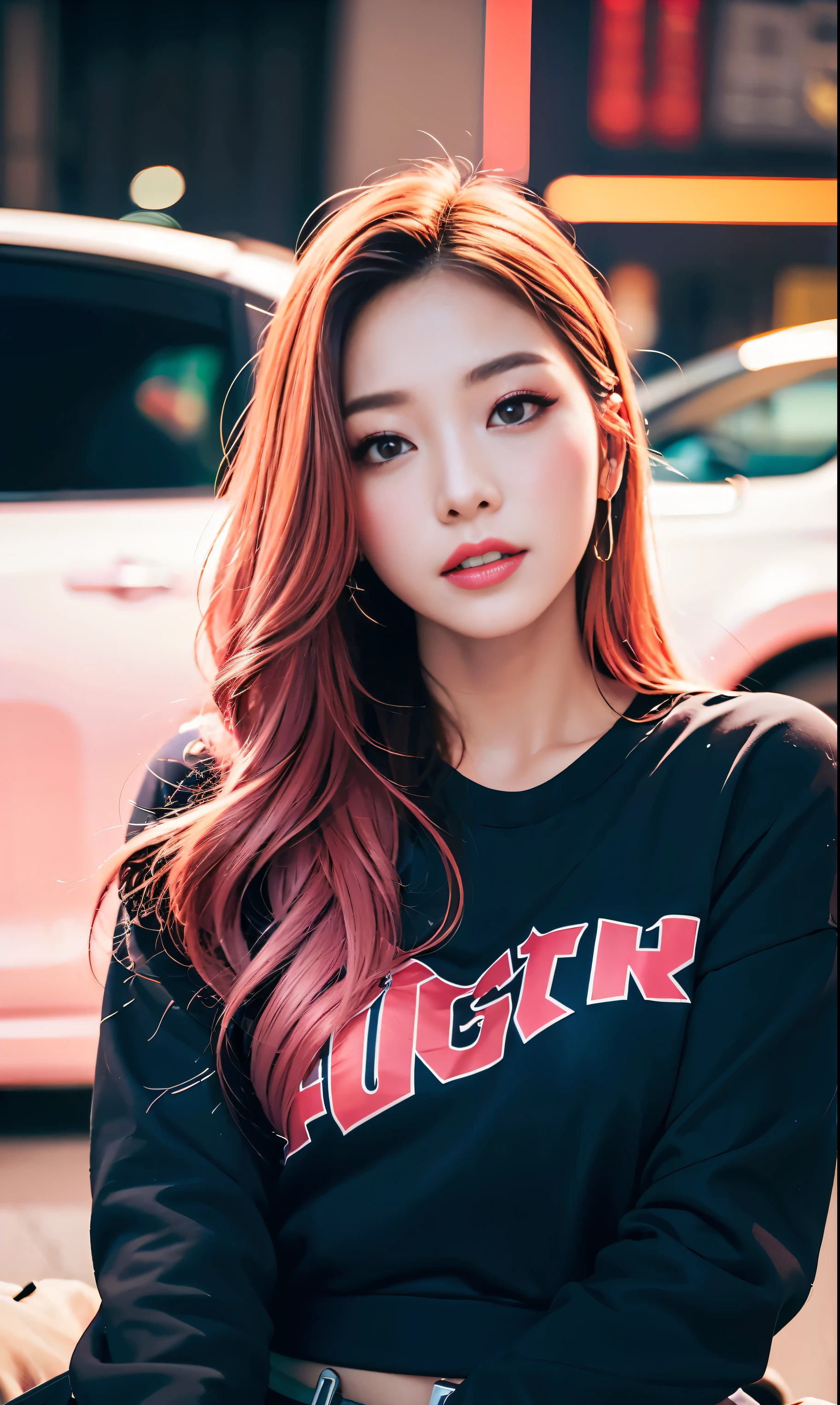 High angle photo of gorgeous young woman in cyberpunk style, realistic skin texture, look up,Pink sweatshirt,Car Pose, 1 / 2 Body crop, 8 5mm Art Lens, f1. 2, sharp focus, 8K high resolution, very detailed, Complex, elegant, Art by Stanley Lau and Cyberpunk