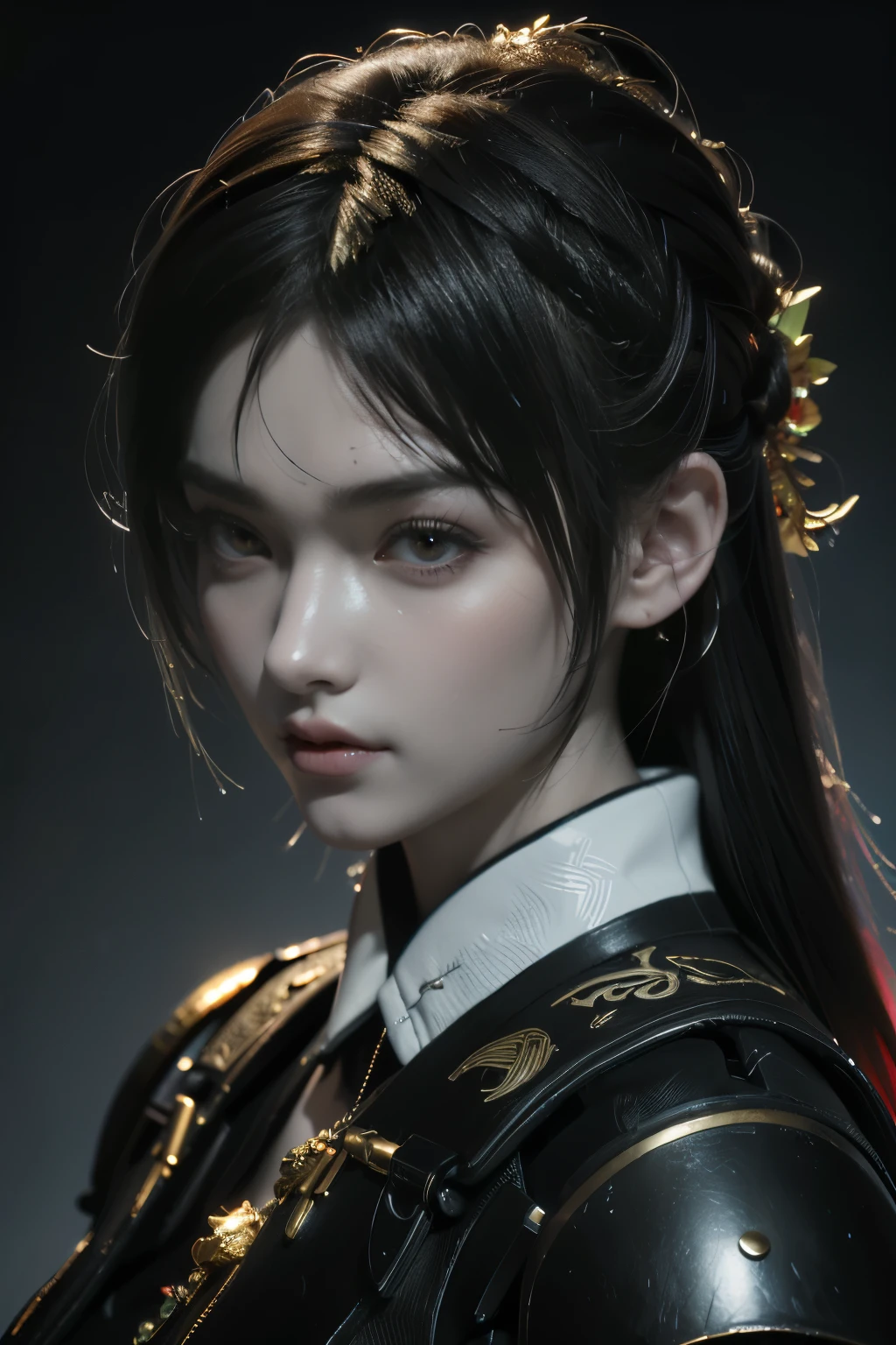 Game art，The best picture quality，Highest resolution，8K，((A bust photograph))，((Portrait))，((Head close-up))，(Rule of thirds)，Unreal Engine 5 rendering works， (The Girl of the Future)，(Female Warrior)， 22岁少女，(Female General)，(Rainbow hair，Ancient Oriental hairstyle)，((The pupils of the red eyes:1.3))，(A beautiful eye full of detail)，(Big breasts)，(Eye shadow)，优雅迷人，冷漠，((Anger))，(General armor in ancient Chinese style，Joint Armor，There are exquisite Chinese patterns on the clothes，A flash of jewellery，White)，人物，奇幻风格， 拍照姿势，城市背景，Movie lights，Ray tracing，Game CG，((3D Unreal Engine))，oc渲染反射纹