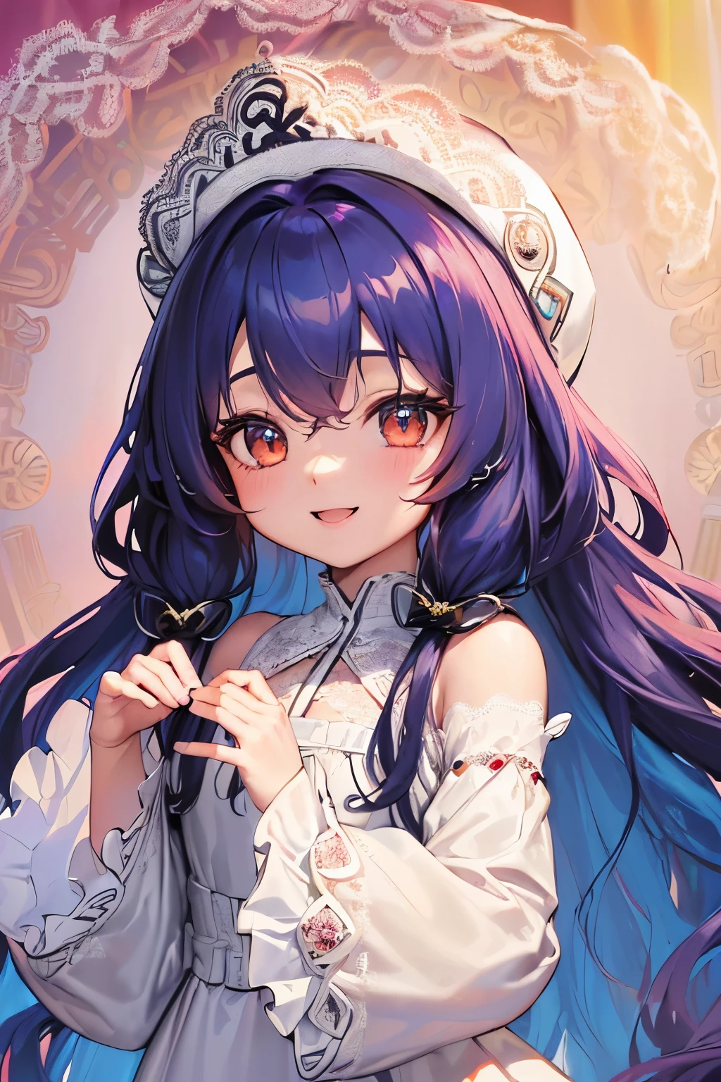 (Long wavy hair:1.25),(smile:1.2),(Eye size:1.5),(high resolution:1.5),(Vibrant color:1.4),(close up of face:1.3),(Dress with plenty of lace:1.5),(Long sleeves with puff sleeves:1.3),(Hollywood actress style:1.4),(Chibi:1.3),(Wide brim actress hat:1.3),