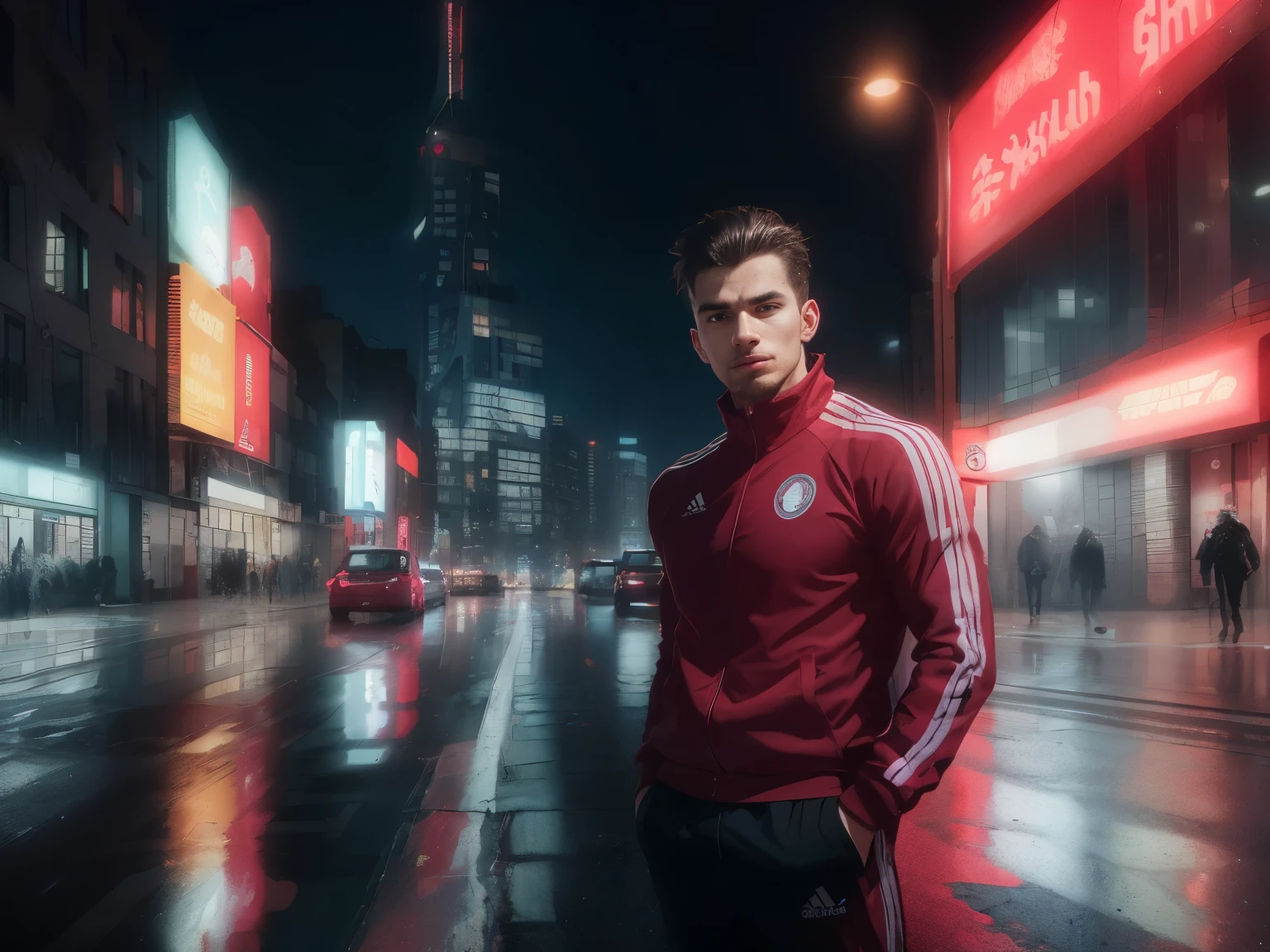 (best quality,4k,8k,highres,masterpiece:1.2),ultra-detailed,(realistic,photorealistic,photo-realistic:1.37),man in red tracksuit,city skyline at night,impressive background lights,metro buses passing by,glowing neon signs,reflection on wet pavement,shadows and silhouettes of buildings,captivating atmosphere,urban vibes,popular tourist destination,blurry lights in the distance,high-rise buildings stretching into the sky,modern architecture blending with traditional elements,romantic ambiance, vibrant colors,stunning night view,immersing in the city's energy,sense of anticipation,streets filled with life, dynamic composition,sharp focus on the man's face and pose,confident expression,athletic build,stylish tracksuit design,mysterious aura,cool and trendy,eye-catching appearance,contrast between the man and the vibrant cityscape,multi-layered texture,artistic perspective,city lights illuminating the surroundings,majestic skyline,perfectly capturing the nocturnal charm,mesmerizing and awe-inspiring imagery.