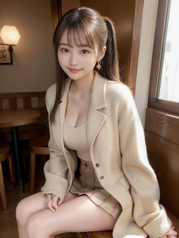 (Photoreal)、(Super high realism)、(ultra high resolution)、(Ultra high definition)、 (17 year old girl、small face、very young face, natural makeup)(fair skin、Smooth skin、realistic texture)(sparkling eyes)beautiful breasts、beautiful cleavage、thin waist、big ass、((cute smile))((Long ponytail))With bangs(((light brown wool short coat、Burberry check super short mini skirt)))brown hair(earrings)Stylish coffee shop((((Thighs look bold、inviting pose、sitting))))(((full body shot、Visible up to the ankles)))